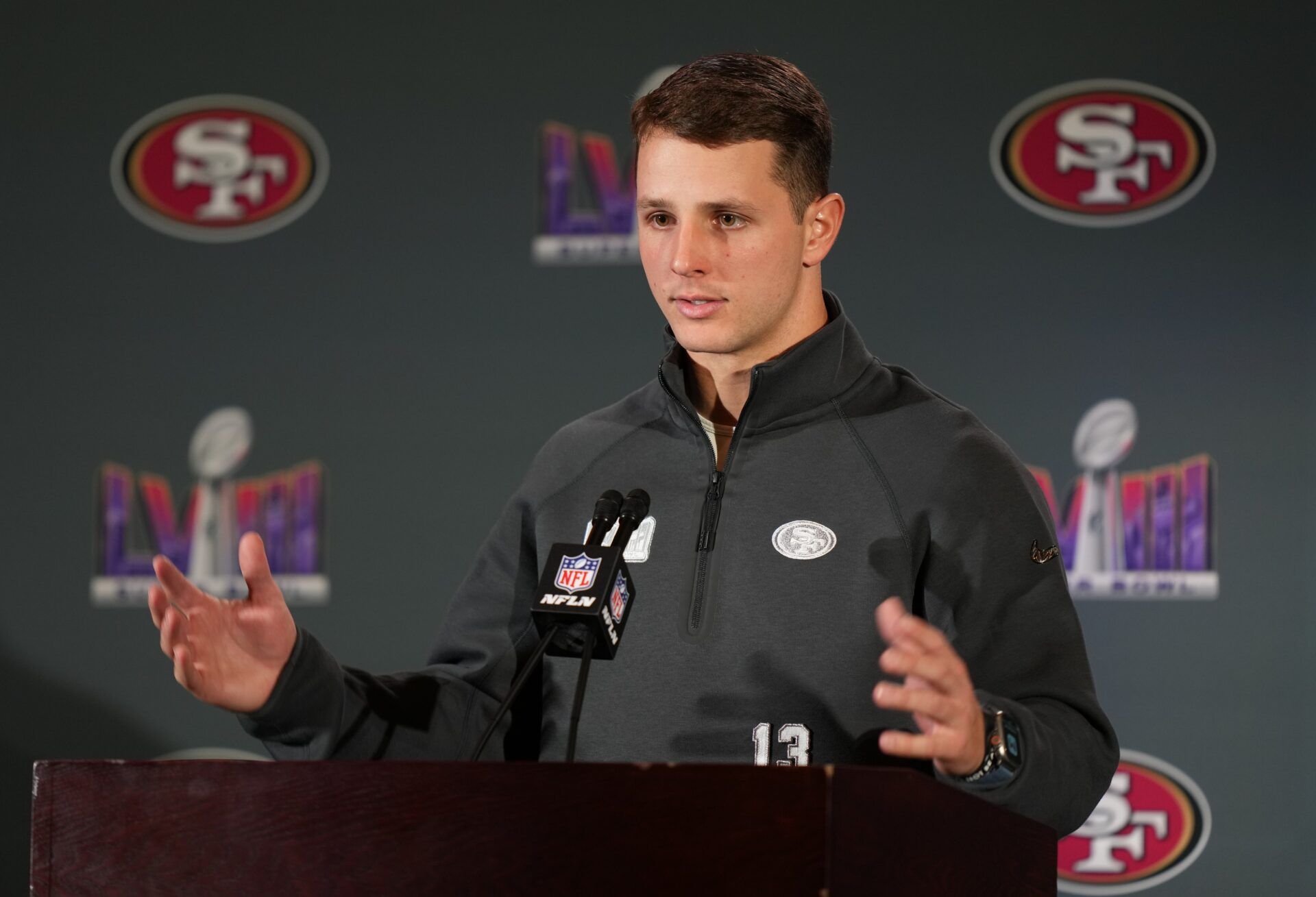 San Francisco 49ers quarterback Brock Purdy (13) speaks during a press conference before Super Bowl LVIII at Hilton Lake Las Vegas Resort and Spa.