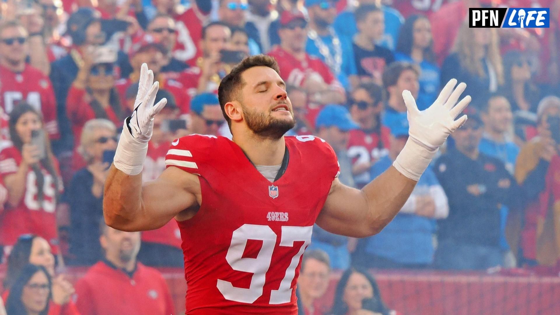 San Francisco 49ers defensive end Nick Bosa (97) is introduced before the NFC Championship football game against the Detroit Lions at Levi's Stadium.