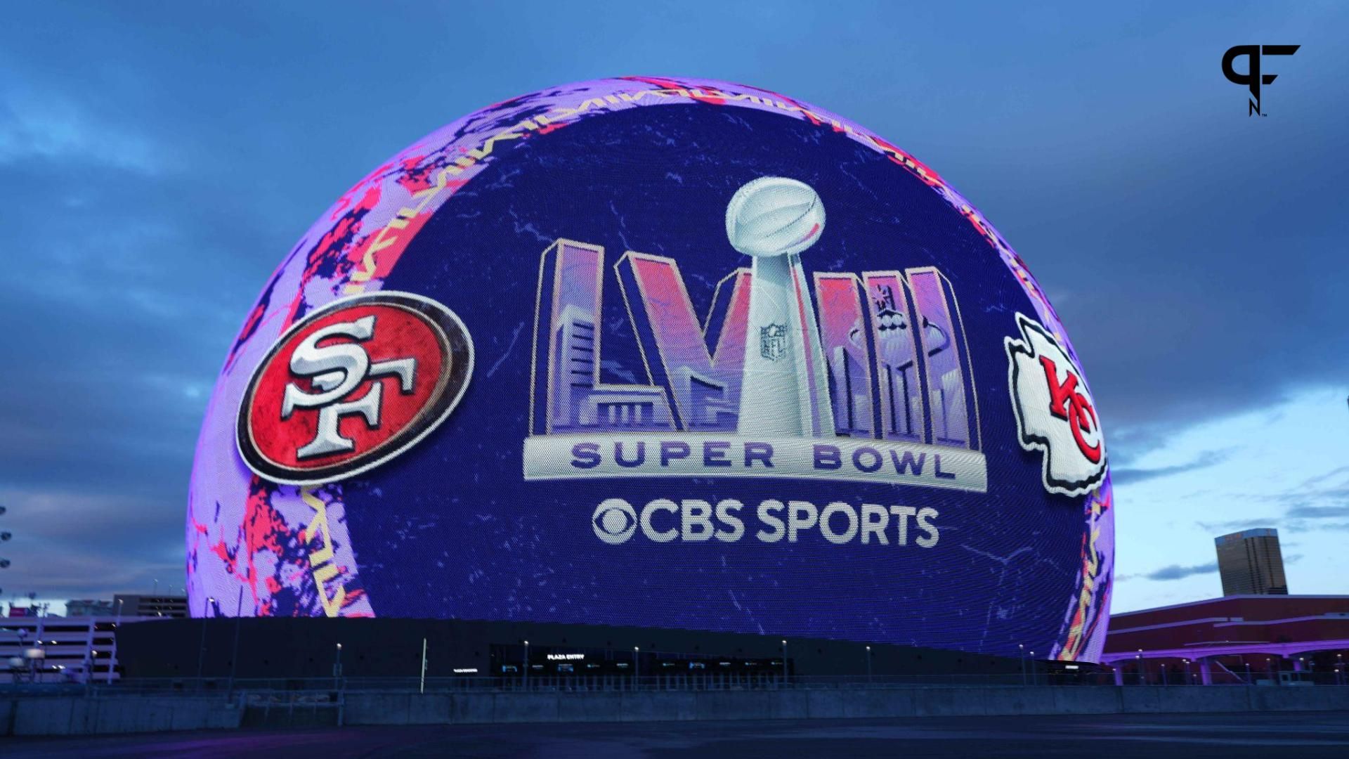 A CBS Sports advertisement for Super Bowl 58 between the San Francisco 49ers and Kansas City Chiefs is projected onto the Sphere.