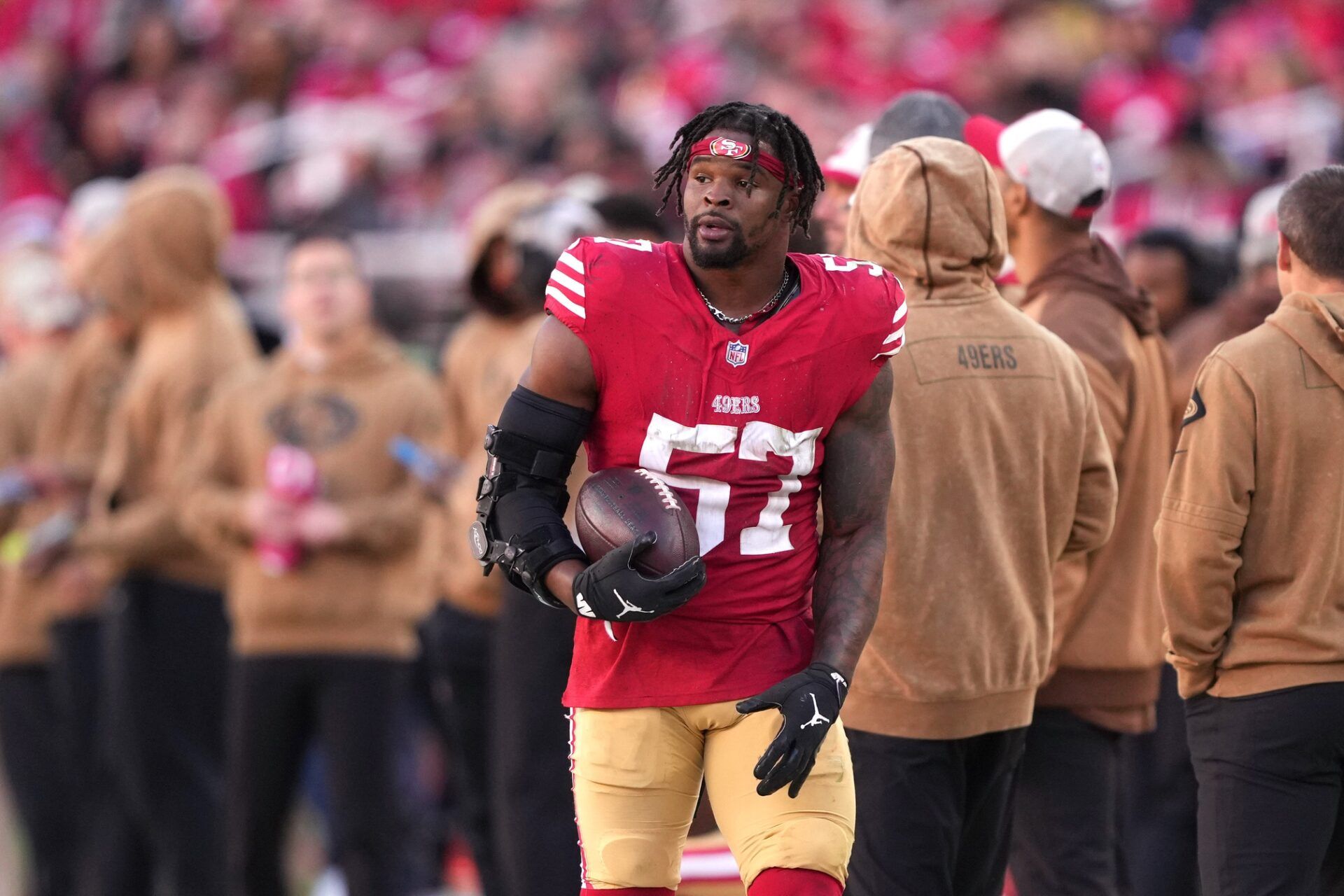 San Francisco 49ers linebacker Dre Greenlaw (57) during the third quarter against the Tampa Bay Buccaneers at Levi's Stadium.