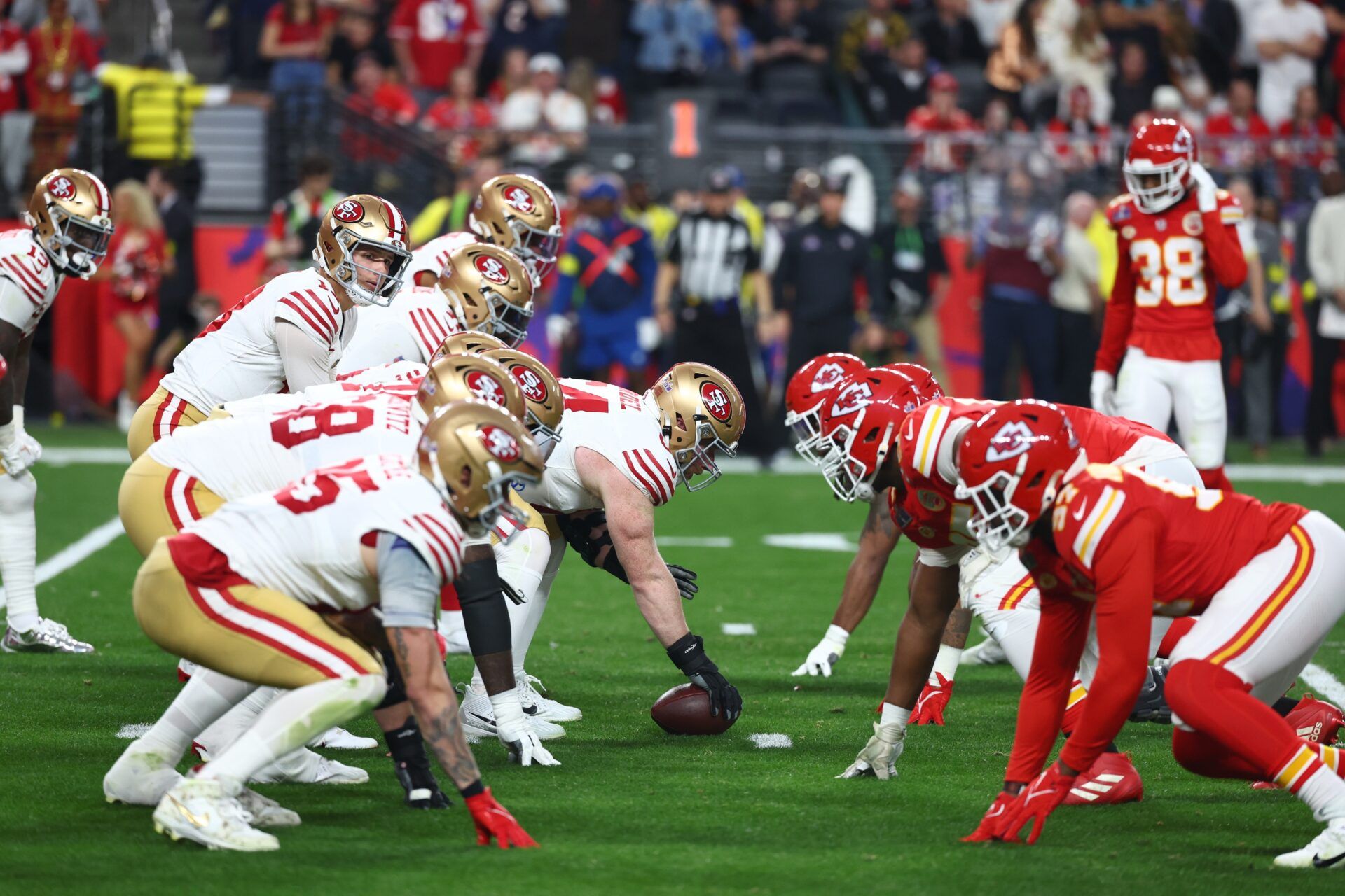 San Francisco 49ers quarterback Brock Purdy (13) under center against the Kansas City Chiefs in the first half in Super Bowl LVIII at Allegiant Stadium.