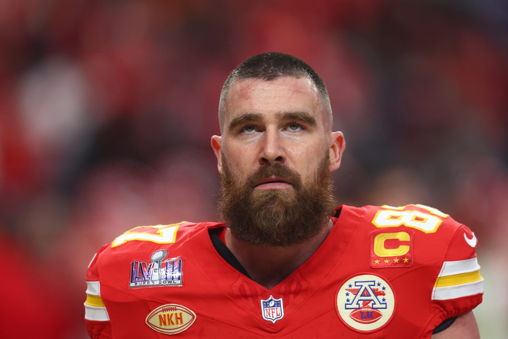 Kansas City Chiefs tight end Travis Kelce (87) warms up before playing against the San Francisco 49ers in Super Bowl LVIII at Allegiant Stadium.