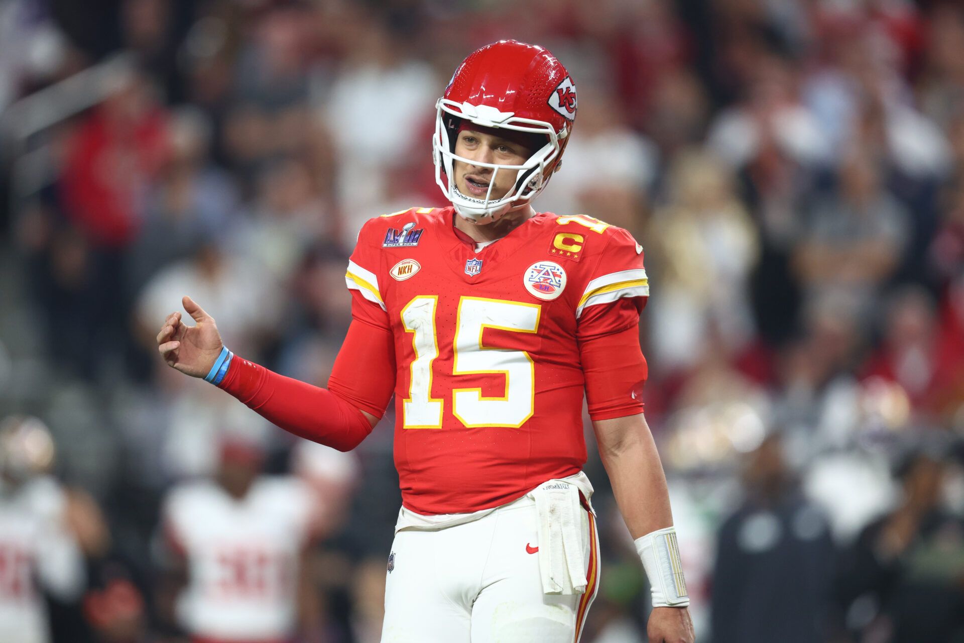 Feb 11, 2024; Paradise, Nevada, USA; Kansas City Chiefs quarterback Patrick Mahomes (15) reacts against the San Francisco 49ers in the fourth quarter in Super Bowl LVIII at Allegiant Stadium. Mandatory Credit: Mark J. Rebilas-USA TODAY Sports