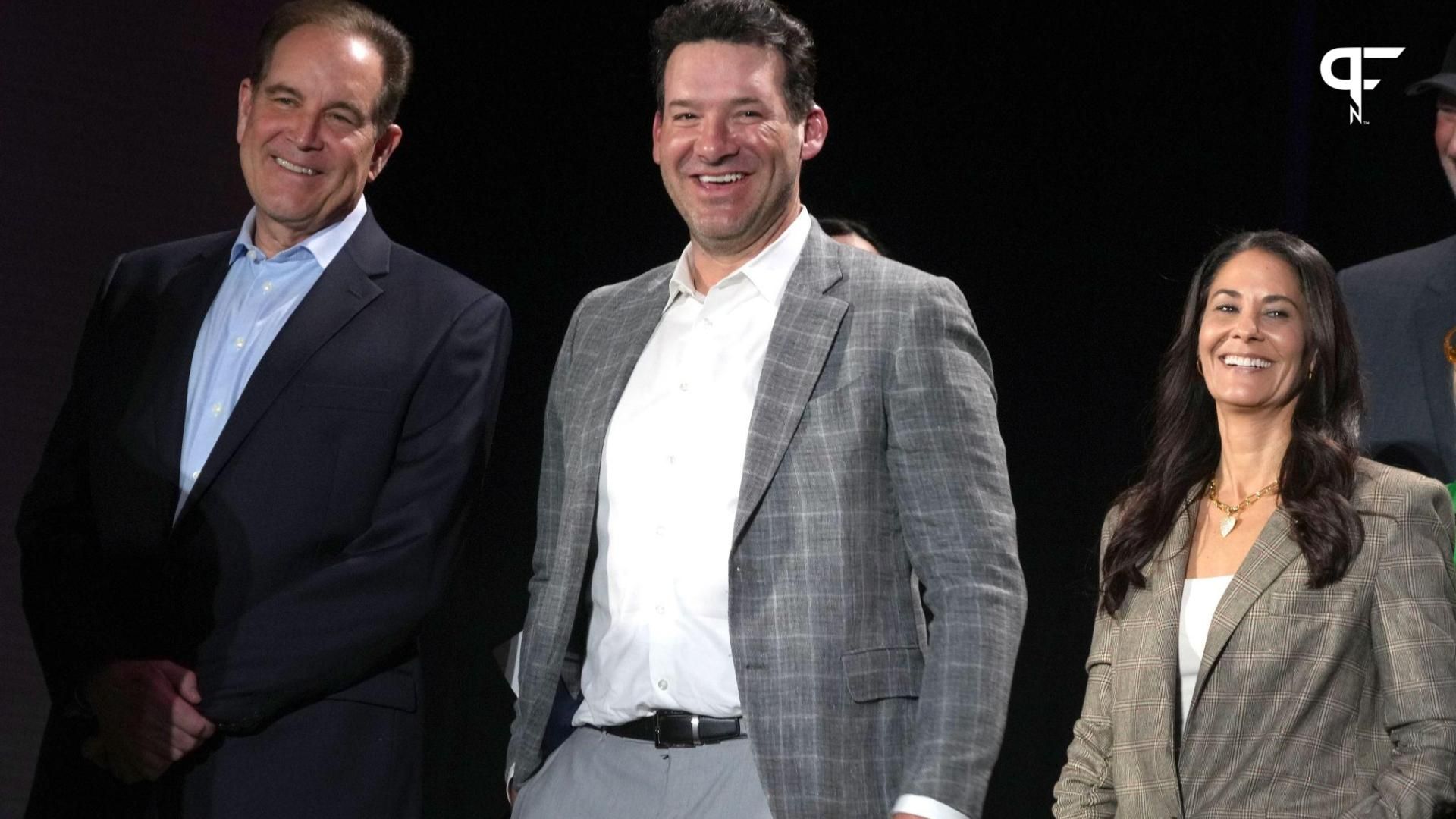 CBS Sports' broadcasters from left to right: Jim Nantz, Tony Romo, and Tracy Wolfson.