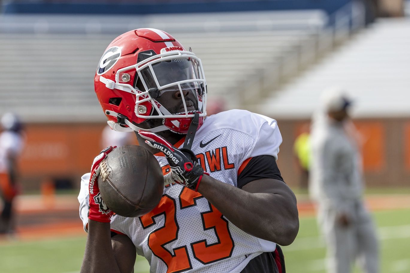 American running back Daijun Edwards of Georgia (23) warms up during practice for the American team at Hancock Whitney Stadium.