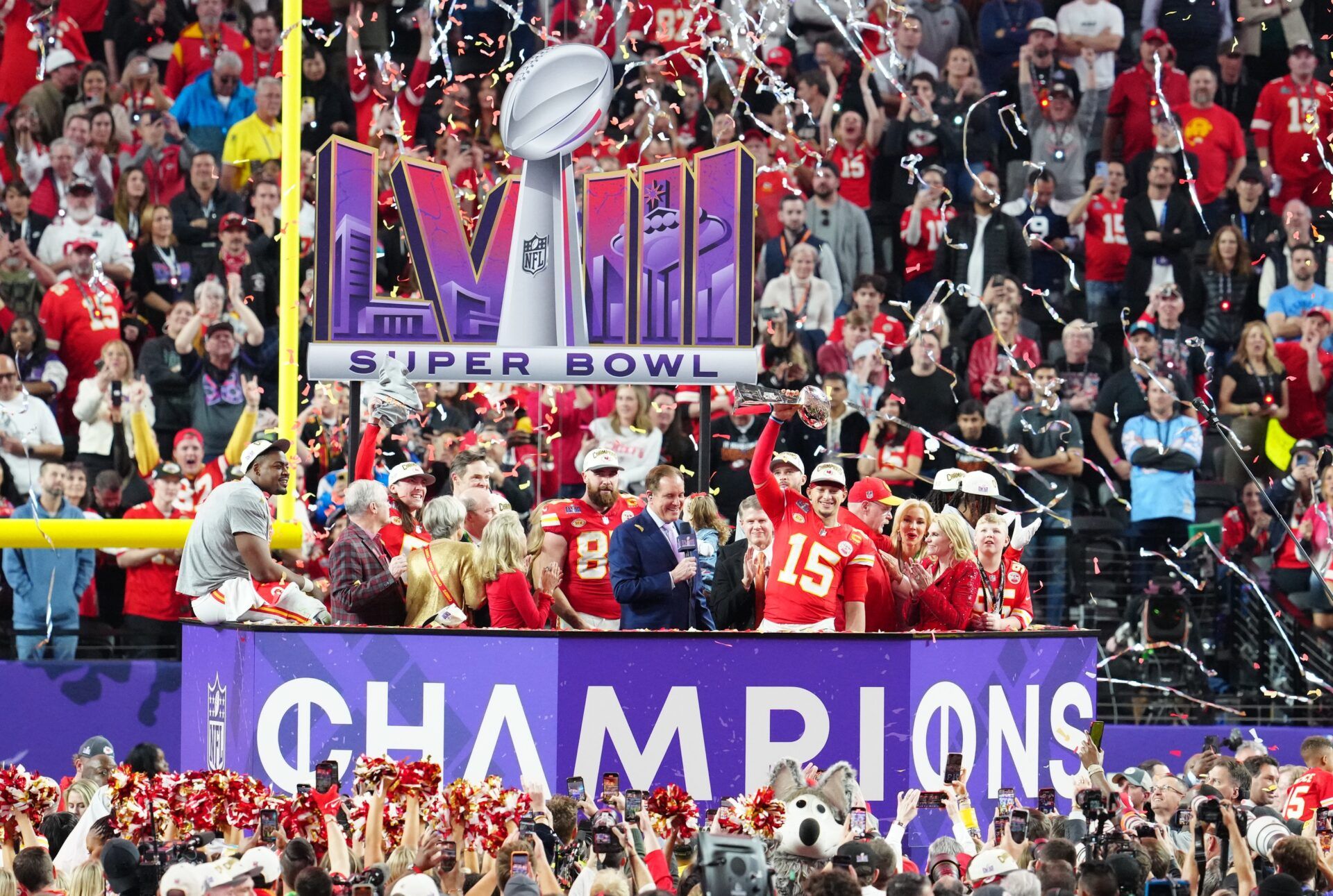 The Kansas City Chiefs celebrate after winning Super Bowl 58.