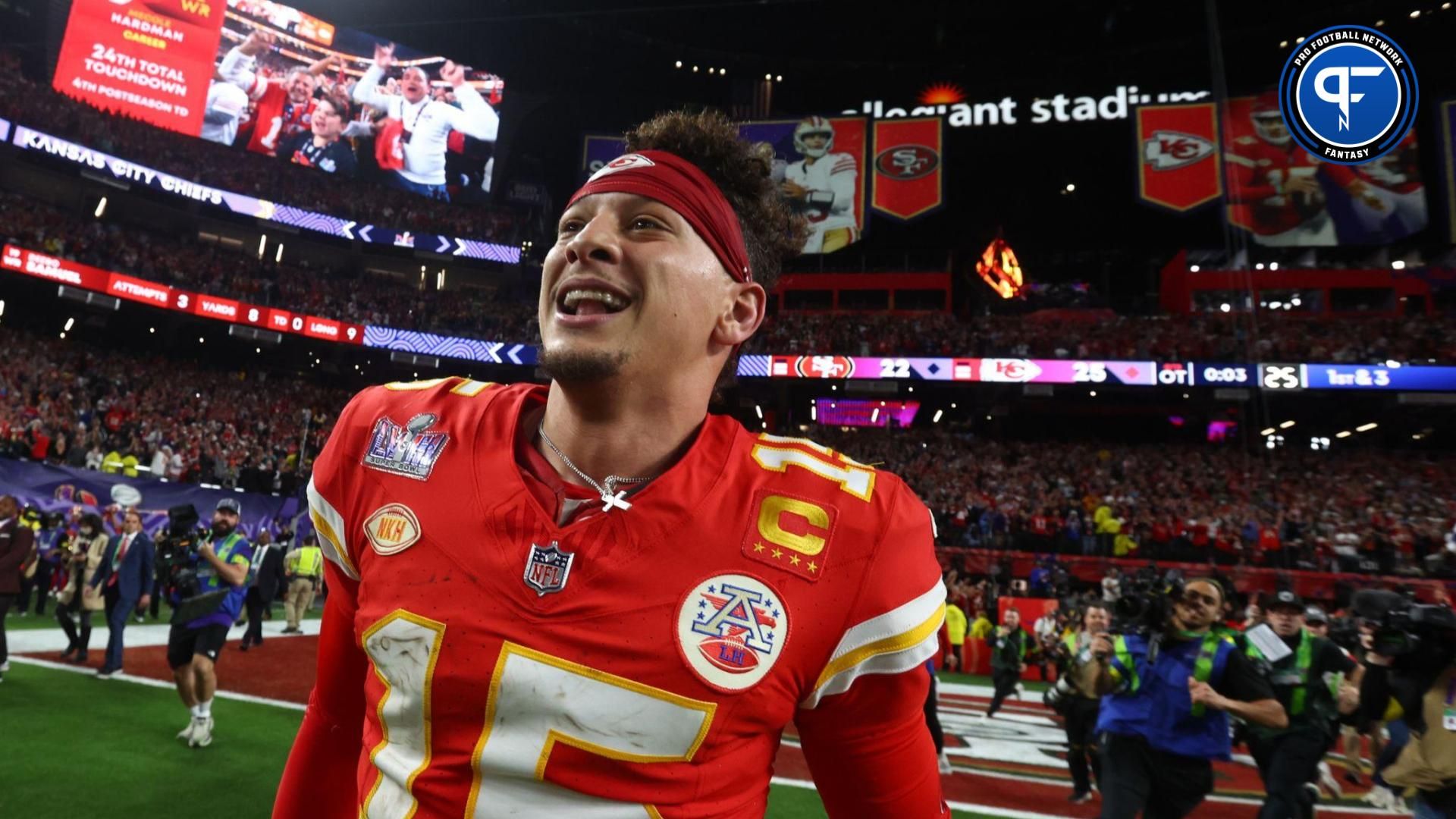 Kansas City Chiefs quarterback Patrick Mahomes (15) celebrates after defeating the San Francisco 49ers in Super Bowl LVIII at Allegiant Stadium.