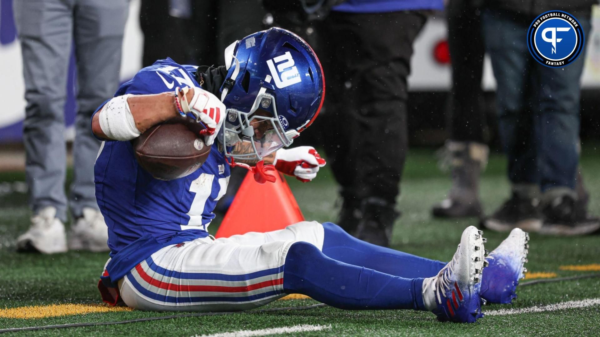 New York Giants wide receiver Wan'Dale Robinson (17) reacts after a reception during the first half against the Philadelphia Eagles at MetLife Stadium.