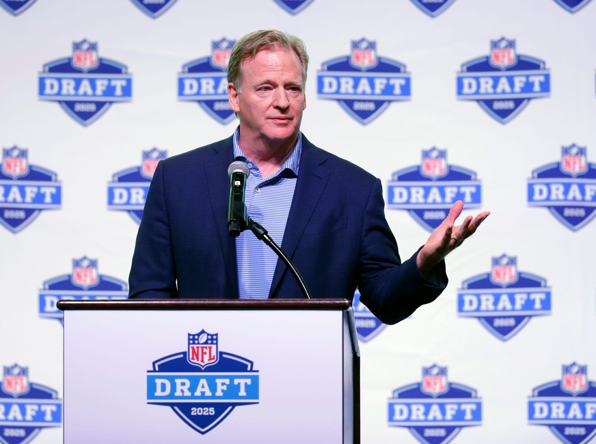 NFL Commissioner Roger Goodell speaks Aug. 14, 2023 at Johnsonville Tailgate Village in Green Bay during a promotional event for the 2025 NFL Draft, which will be held in and around Lambeau Field.