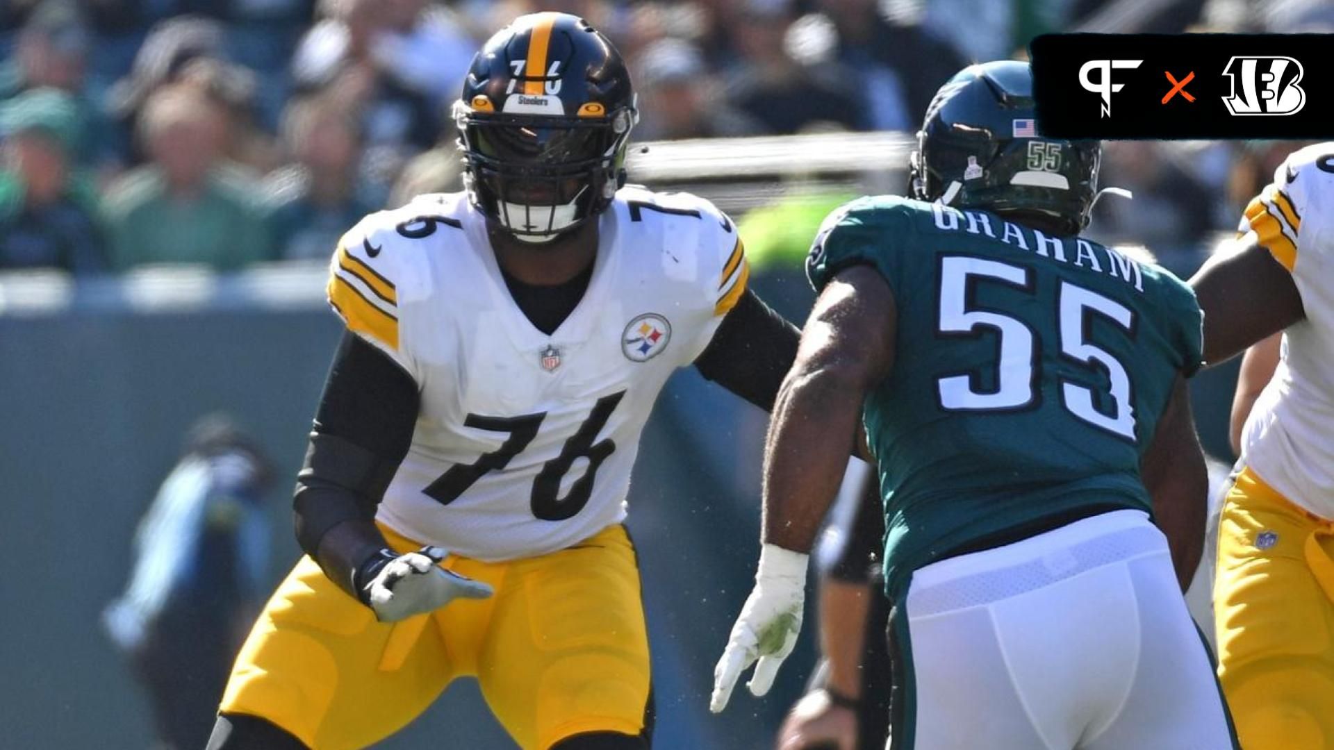 Pittsburgh Steelers offensive tackle Chukwuma Okorafor (76) blocks Philadelphia Eagles defensive end Brandon Graham (55) at Lincoln Financial Field.