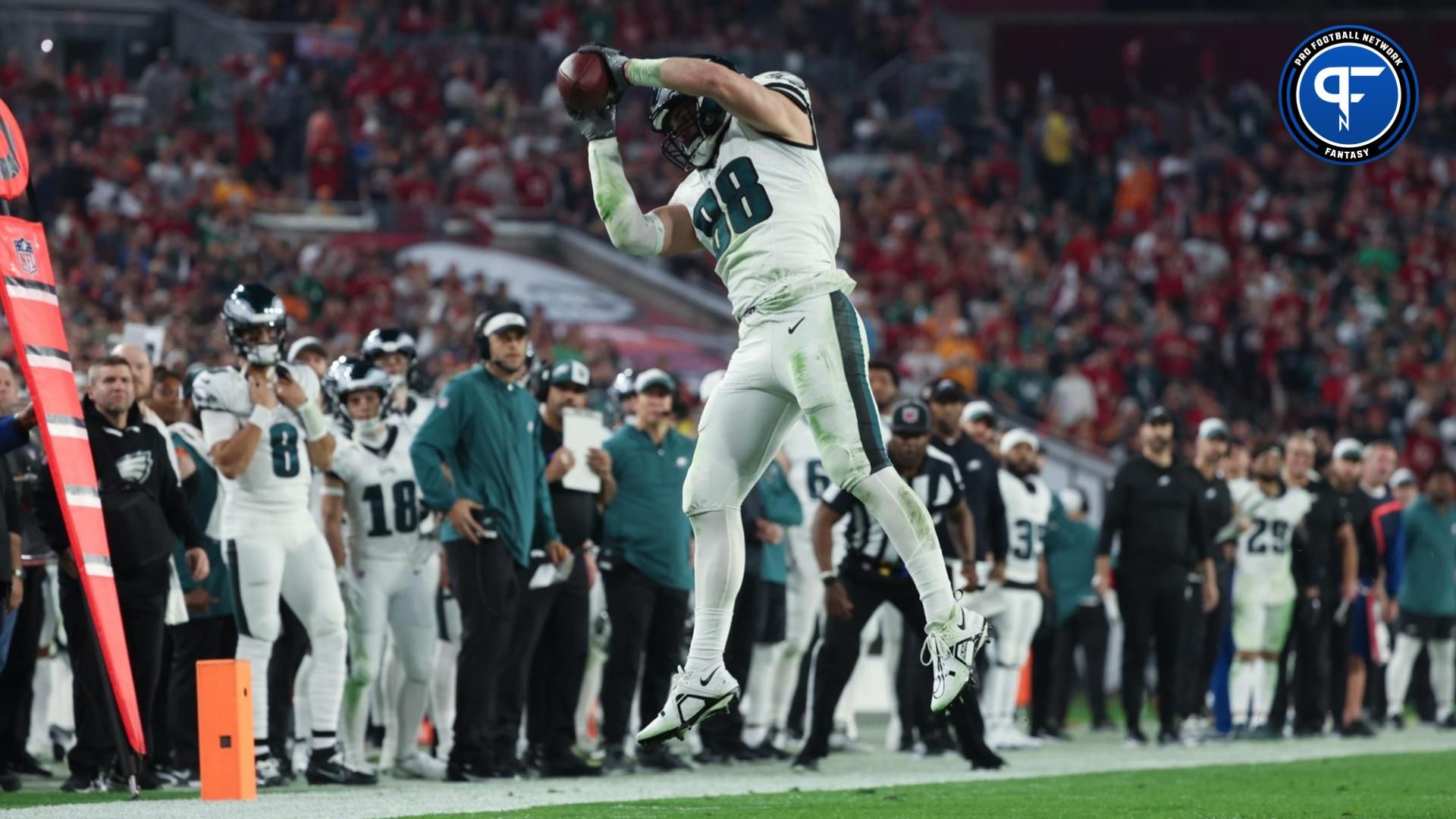 Philadelphia Eagles tight end Dallas Goedert (88) makes a catch against the Tampa Bay Buccaneers during the second half of a 2024 NFC wild card game at Raymond James Stadium.