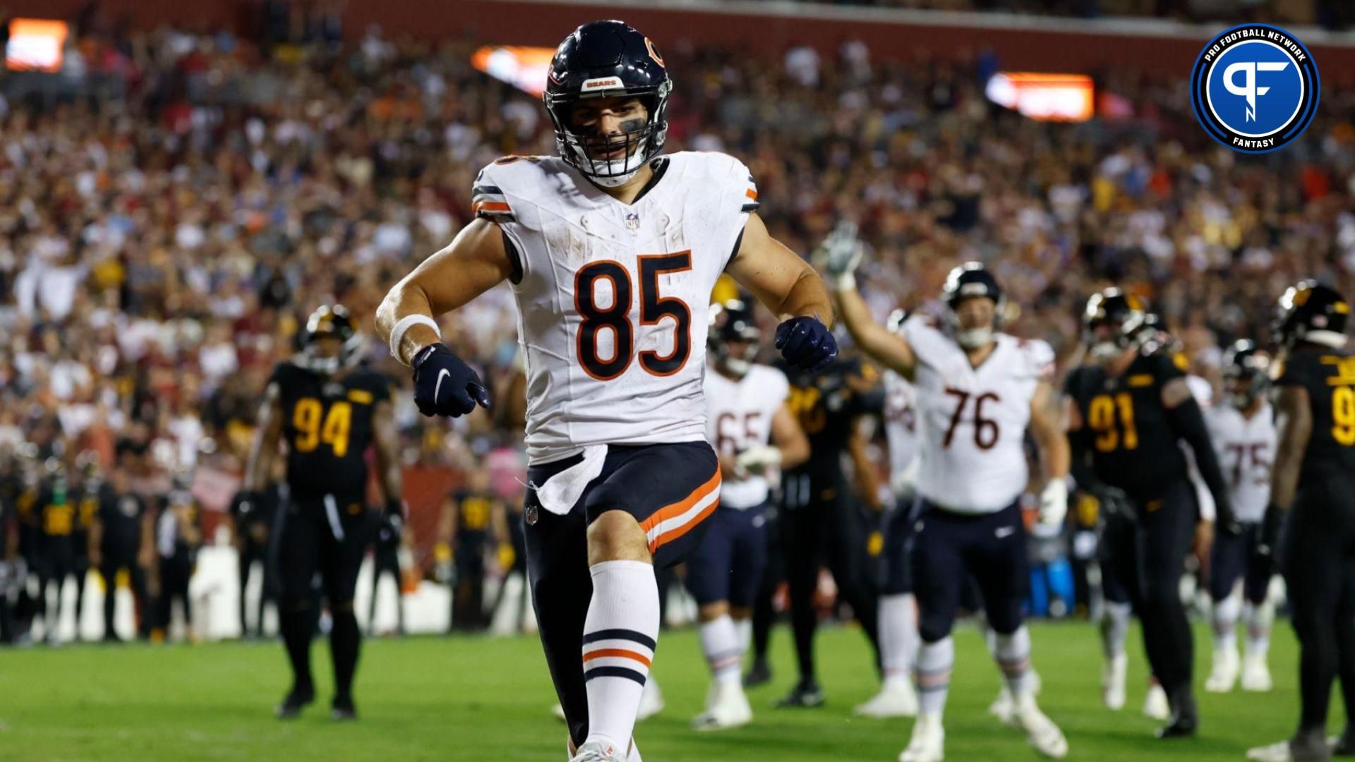 Chicago Bears tight end Cole Kmet (85) celebrates after catching a touchdown pass against the Washington Commanders during the second quarter at FedExField.