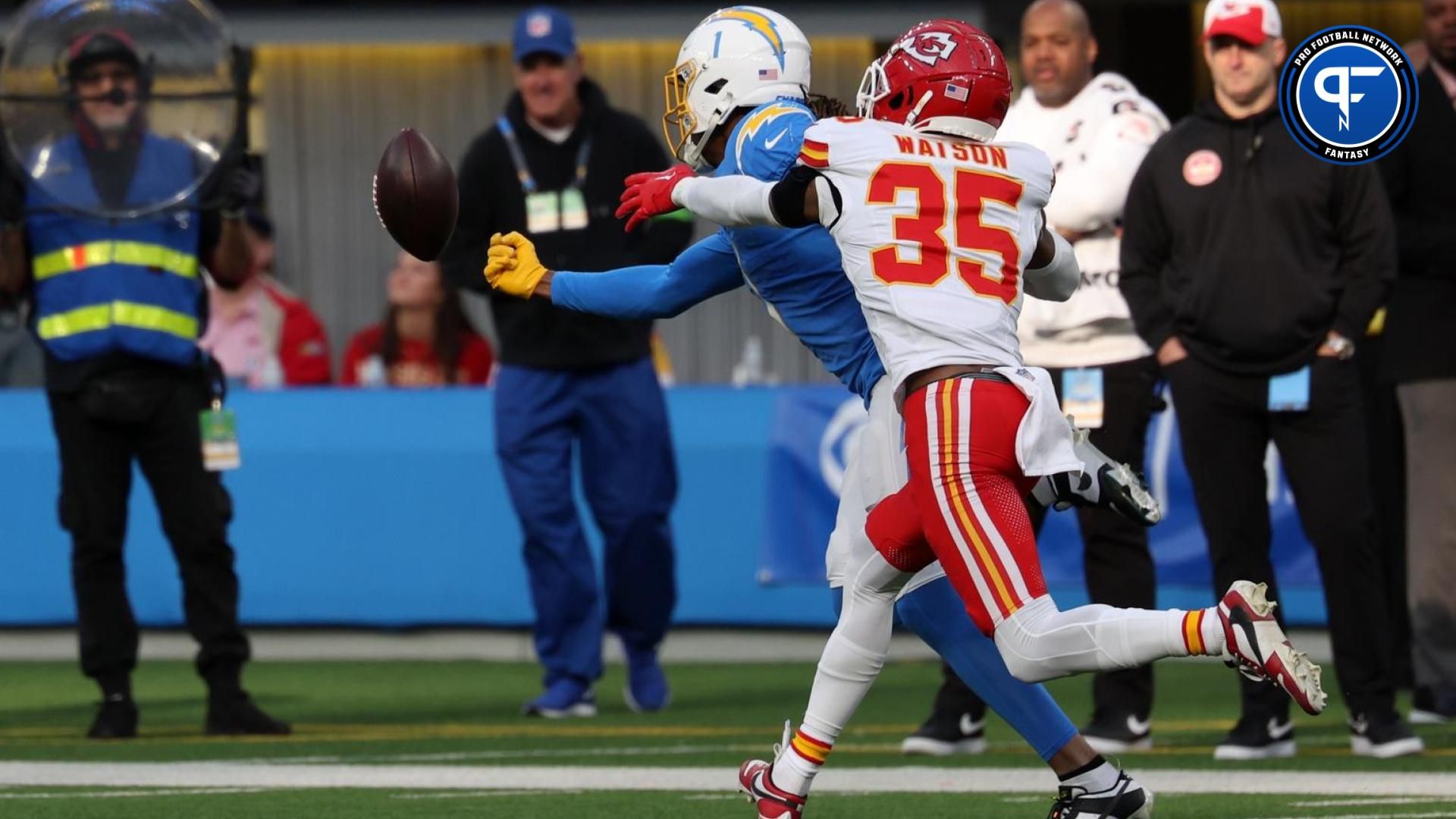 Los Angeles Chargers wide receiver Quentin Johnston (1) misses a catch pass as Kansas City Chiefs cornerback Jaylen Watson (35) defends him during the second quarter at SoFi Stadium.