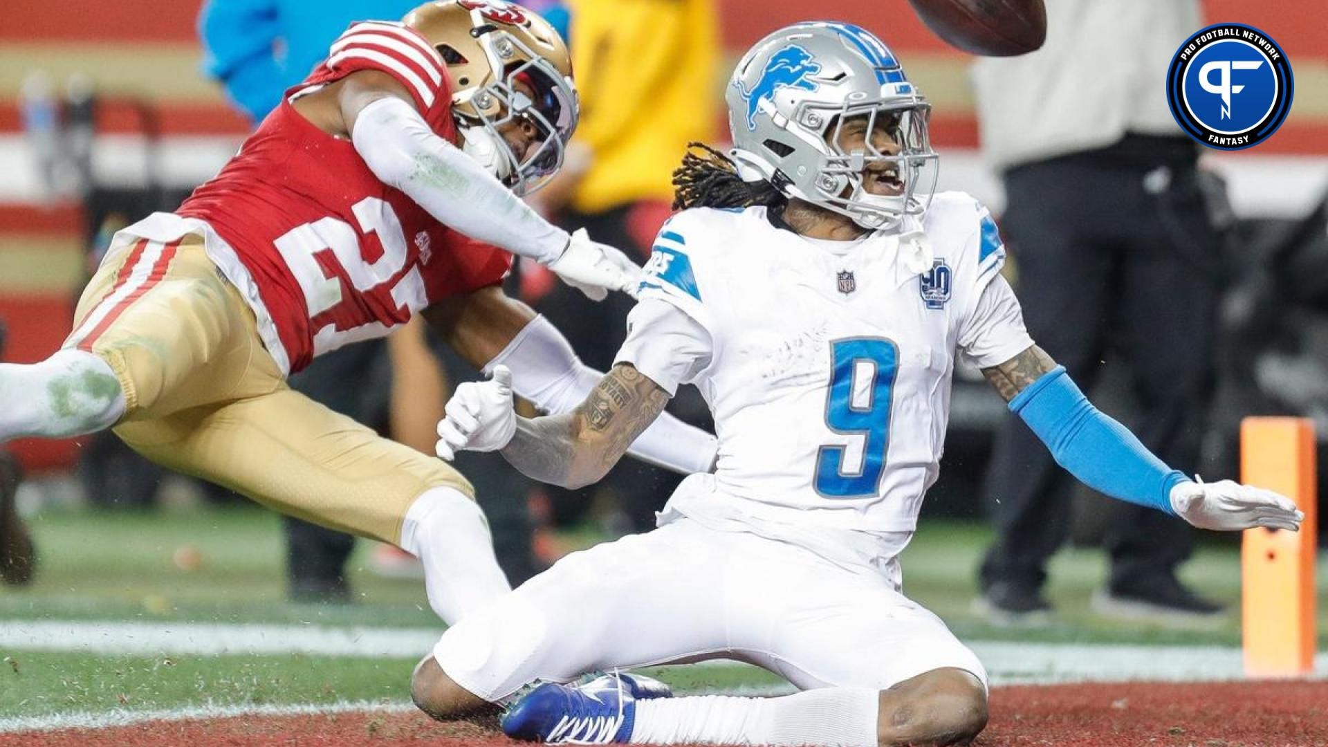 Lions wide receiver Jameson Williams misses a pass intended for him against 49ers safety Ji'Ayir Brown during the second half of the Lions' 34-31 loss in the NFC championship game in Santa Clara, California, on Sunday, Jan. 28, 2024.