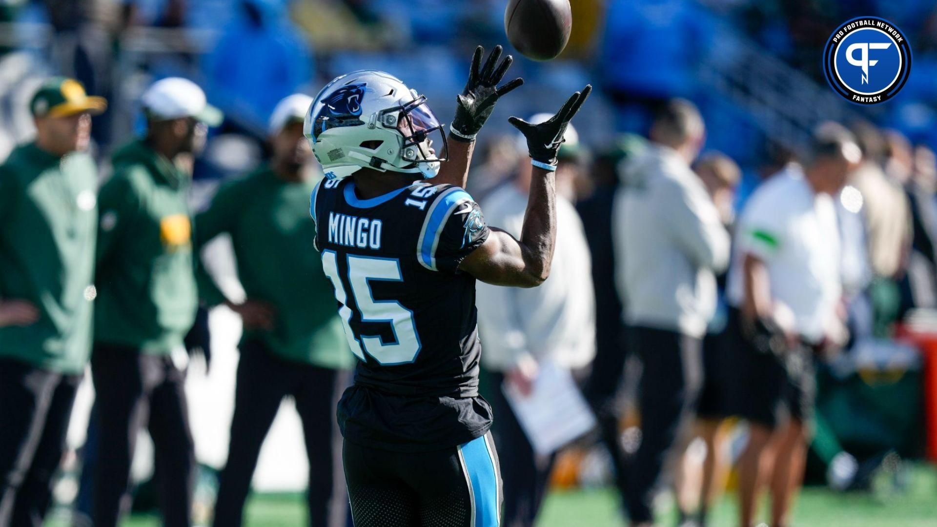 Carolina Panthers wide receiver Jonathan Mingo (15) during pregame warm ups against the Green Bay Packers at Bank of America Stadium.