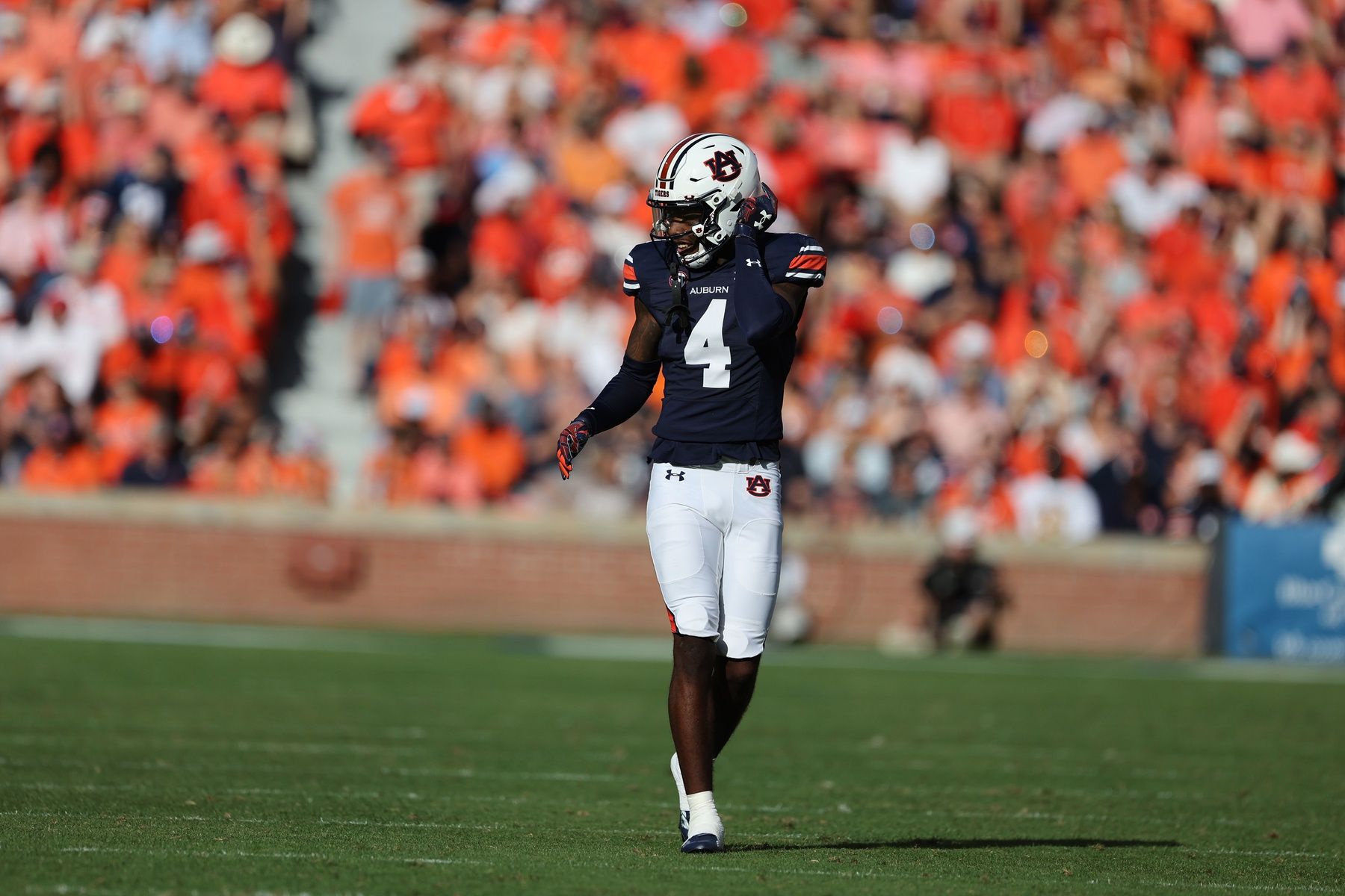 Auburn Tigers cornerback D.J. James (4) against the Mississippi State Bulldogs at Jordan-Hare Stadium.