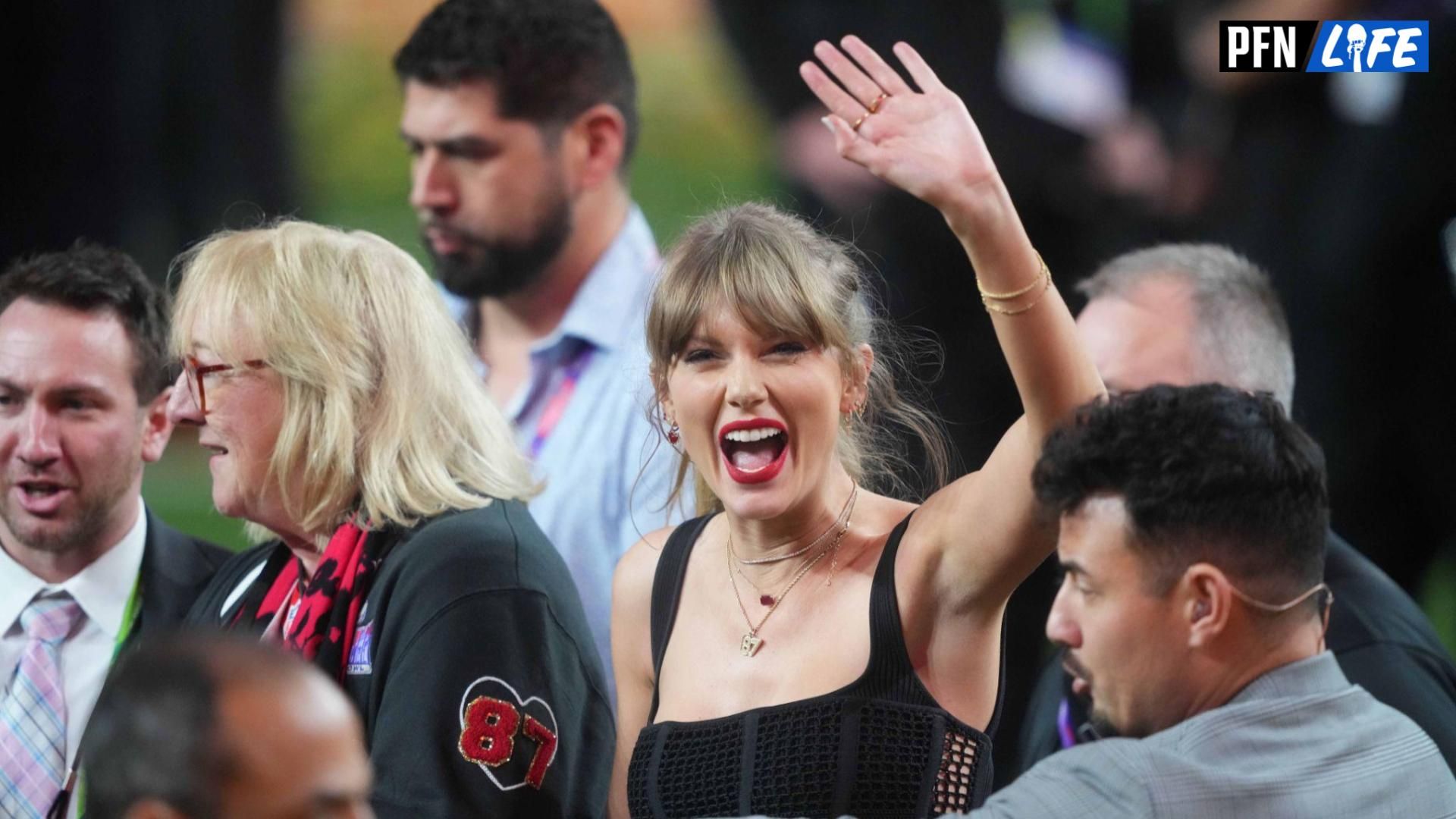 Recording artist Taylor Swift enters the field as Kansas City Chiefs wins over the San Francisco 49ers in overtime of Super Bowl LVIII at Allegiant Stadium.