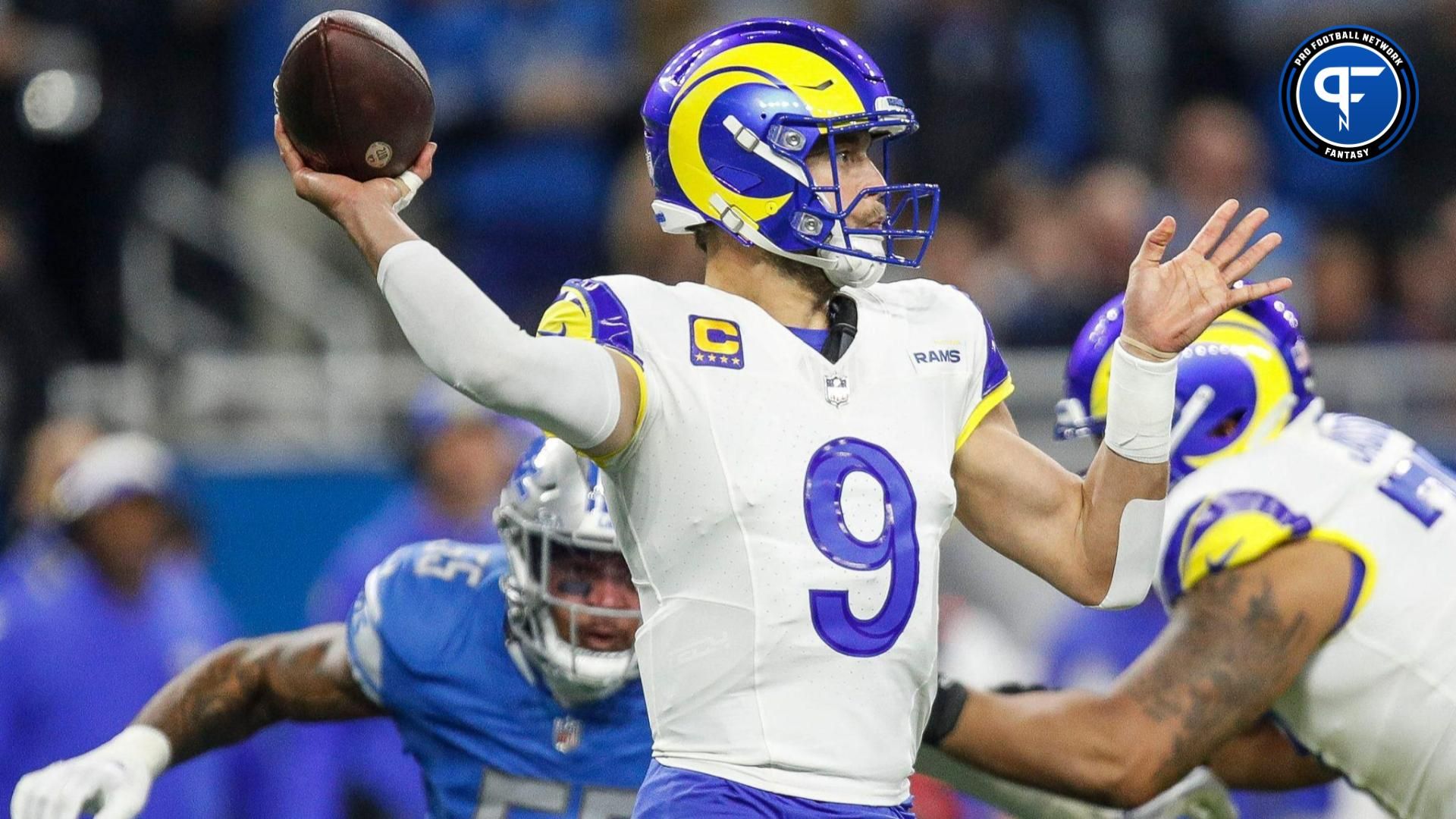 L.A. Rams quarterback Matthew Stafford passes against the Detroit Lions during the first half of the NFC wild-card game at Ford Field