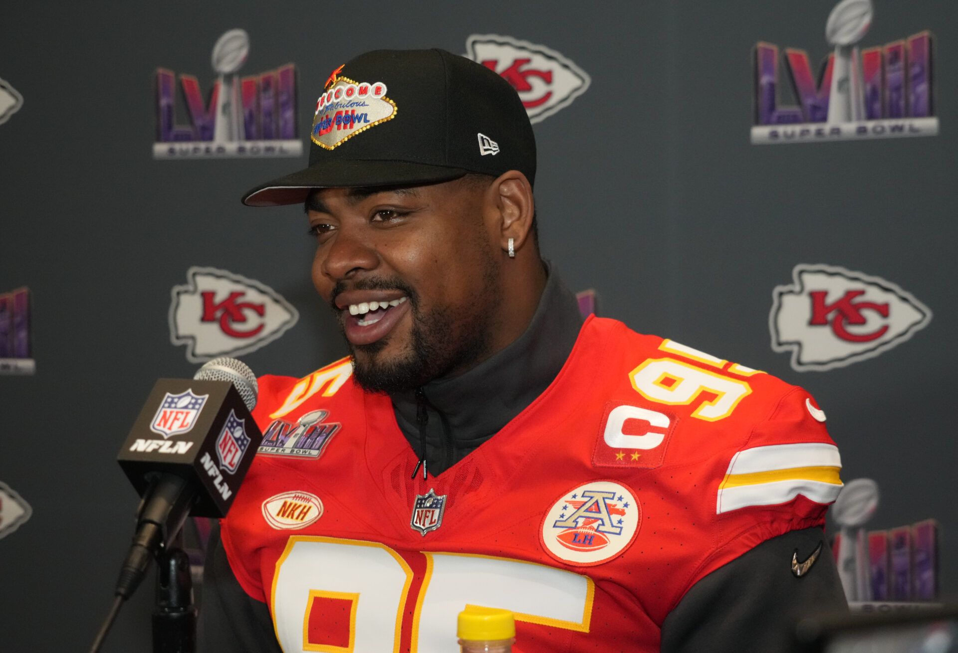 Kansas City Chiefs defensive tackle Chris Jones (95) during a press conference before Super Bowl LVIII at Westin Lake Las Vegas Resort and Spa.