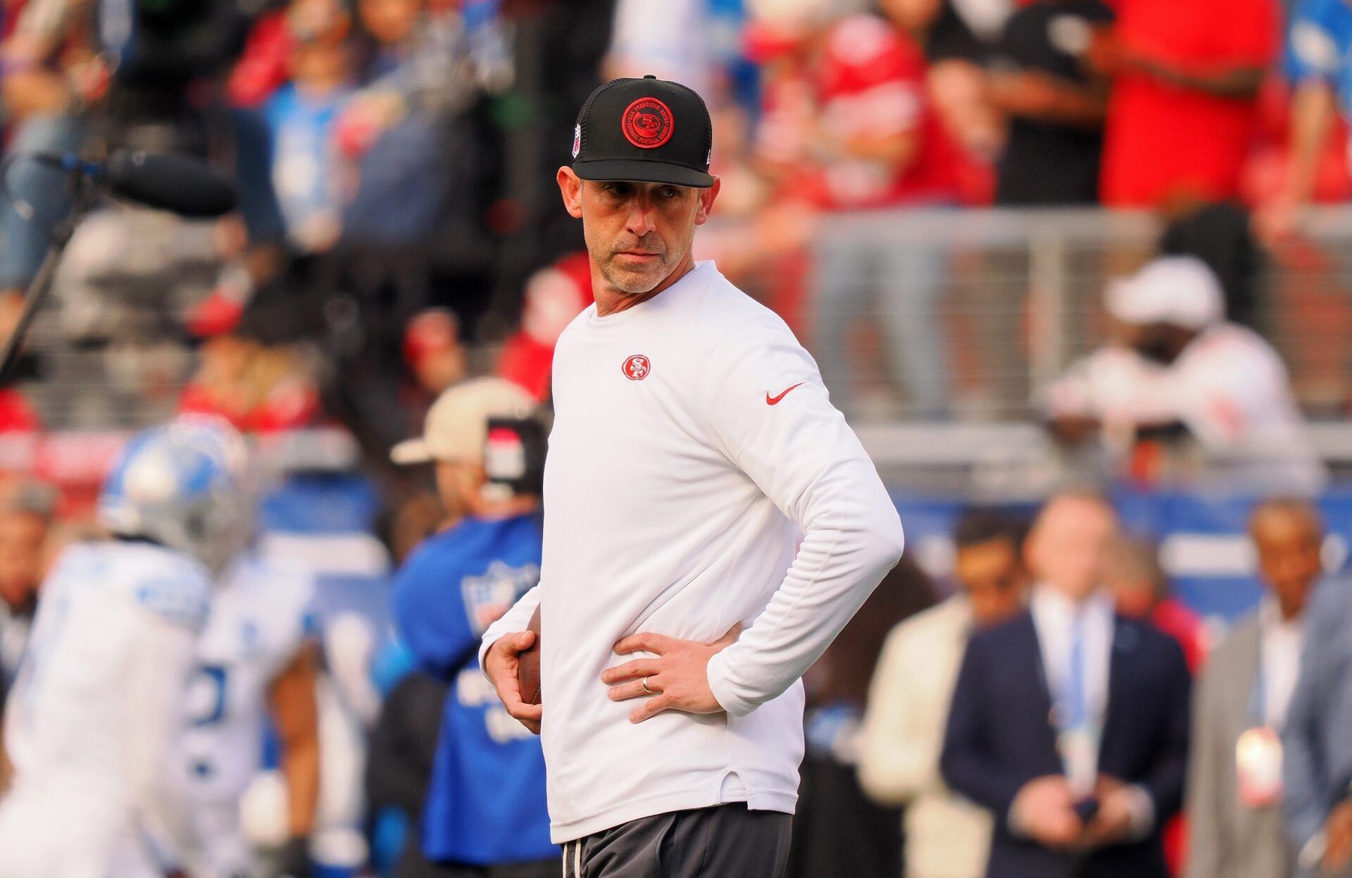 San Francisco 49ers head coach Kyle Shanahan looks on before the NFC Championship football game against the Detroit Lions at Levi's Stadium.