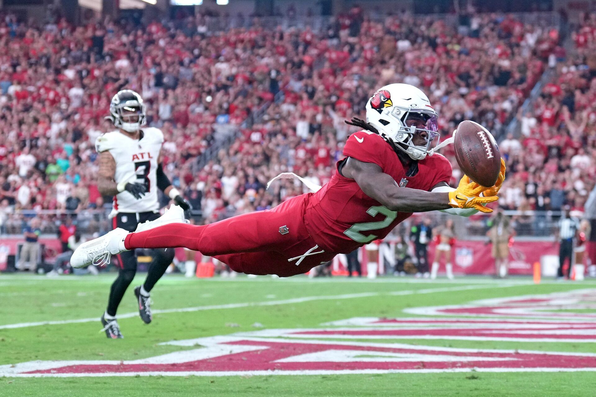 Arizona Cardinals wide receiver Marquise Brown (2) is unable to catch a pass against the Atlanta Falcons during the first half at State Farm Stadium.