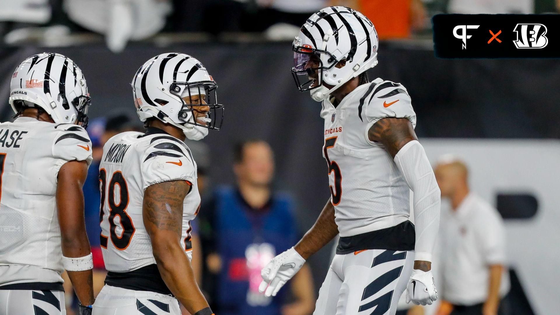 Cincinnati Bengals running back Joe Mixon (28) reacts after scoring a touchdown with wide receiver Tee Higgins (5) in the second half against the Los Angeles Rams at Paycor Stadium.