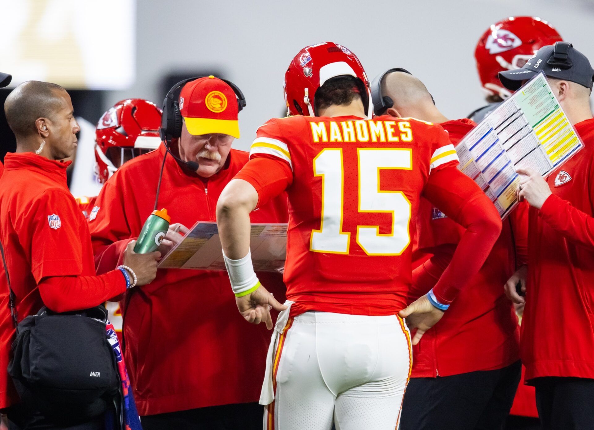 Kansas City Chiefs head coach Andy Reid with quarterback Patrick Mahomes (15) against the San Francisco 49ers during Super Bowl LVIII at Allegiant Stadium.