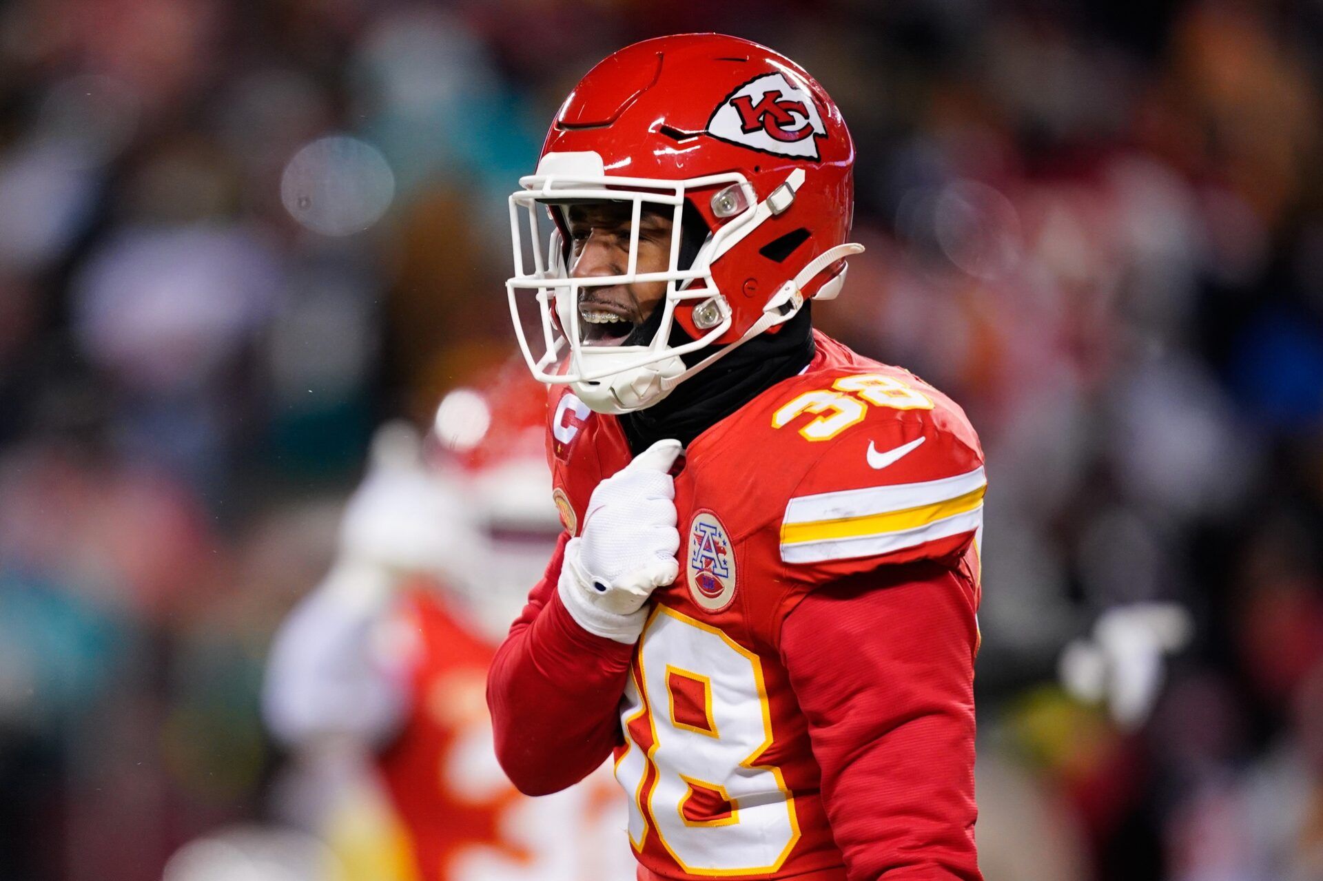 Kansas City Chiefs cornerback L'Jarius Sneed (38) reacts against the Miami Dolphins during the first half of the 2024 AFC Wild Card game.