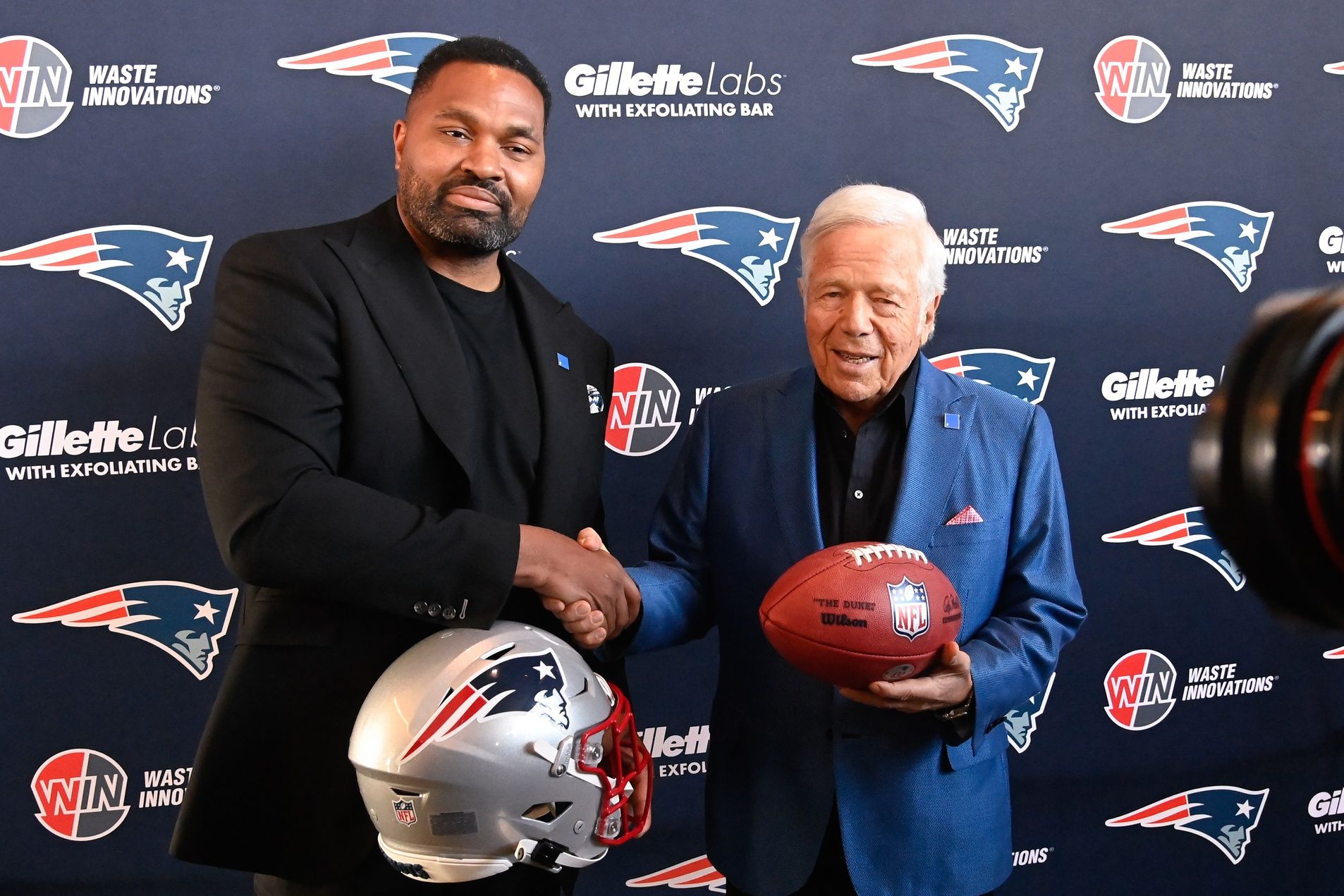 New England Patriots head coach Jerod Mayo (left) and owner Robert Kraft pose for photos after a press conference announcing Mayo's hiring as the team's head coach at Gillette Stadium.