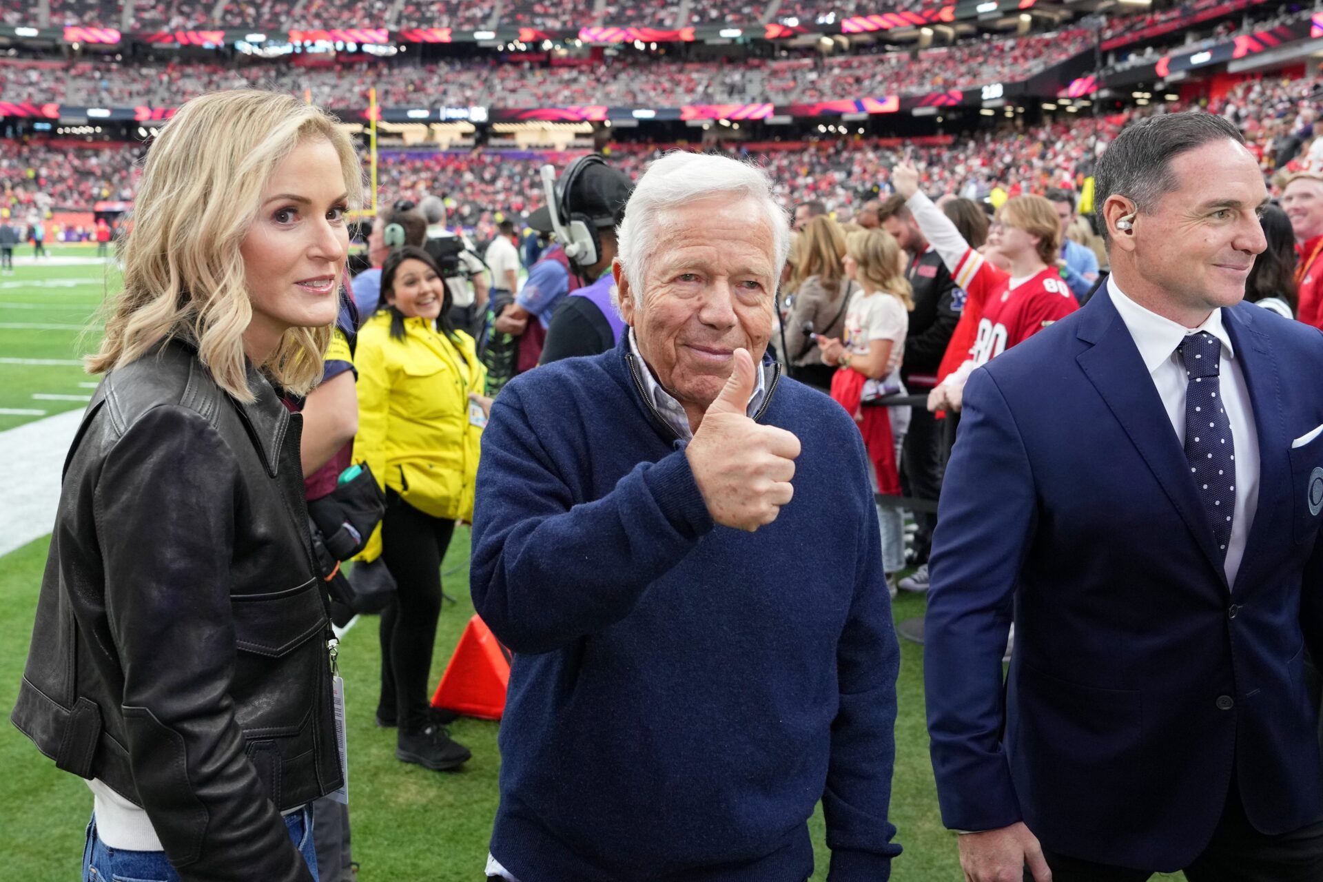 New England Patriots owner Robert Kraft gives a thumbs up before Super Bowl LVIII between the San Francisco 49ers and the Kansas City Chiefs.