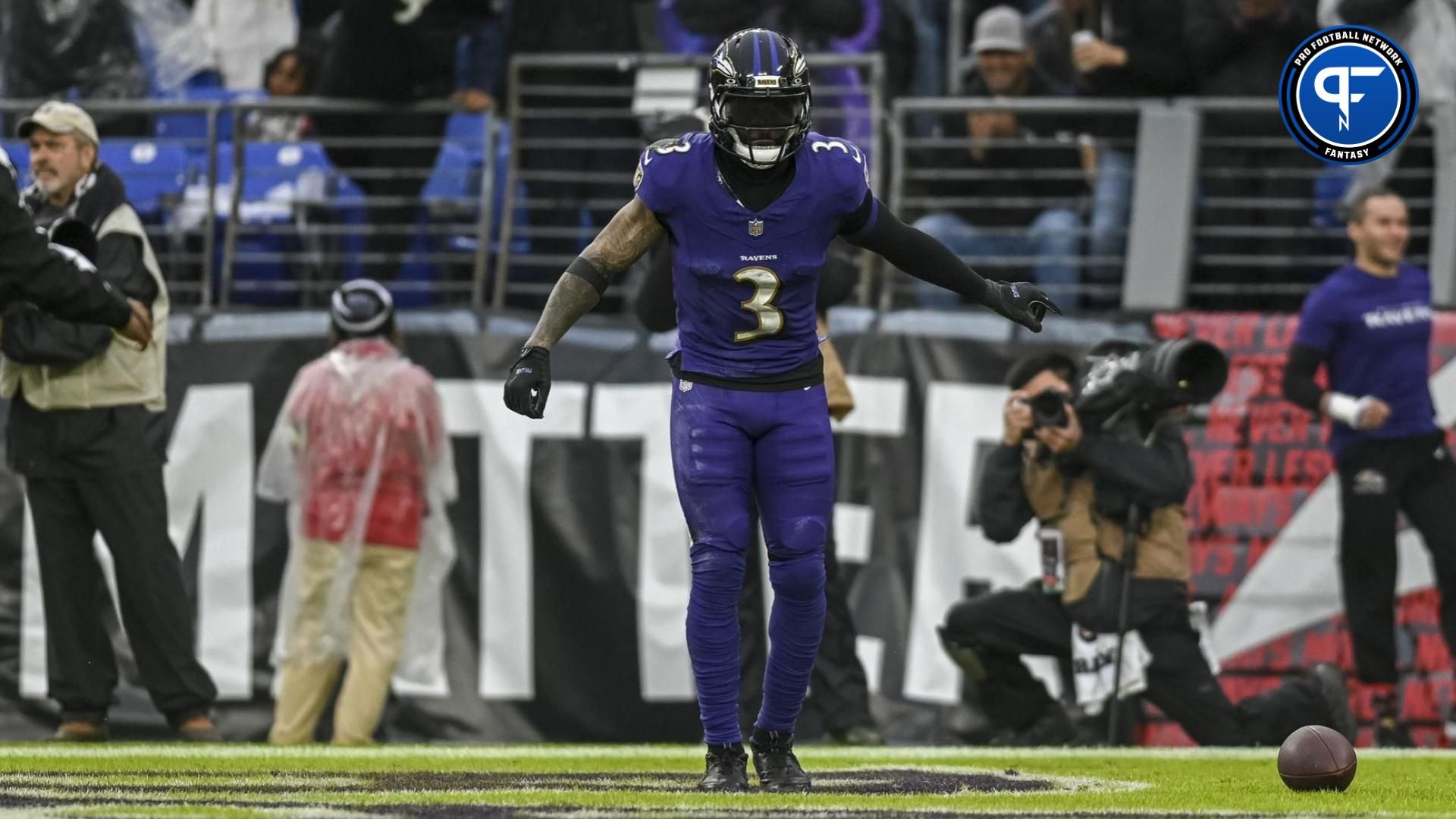 Baltimore Ravens wide receiver Odell Beckham Jr. (3) celebrates after sowing a second quarter touchdown against the Los Angeles Rams during the at M&T Bank Stadium.