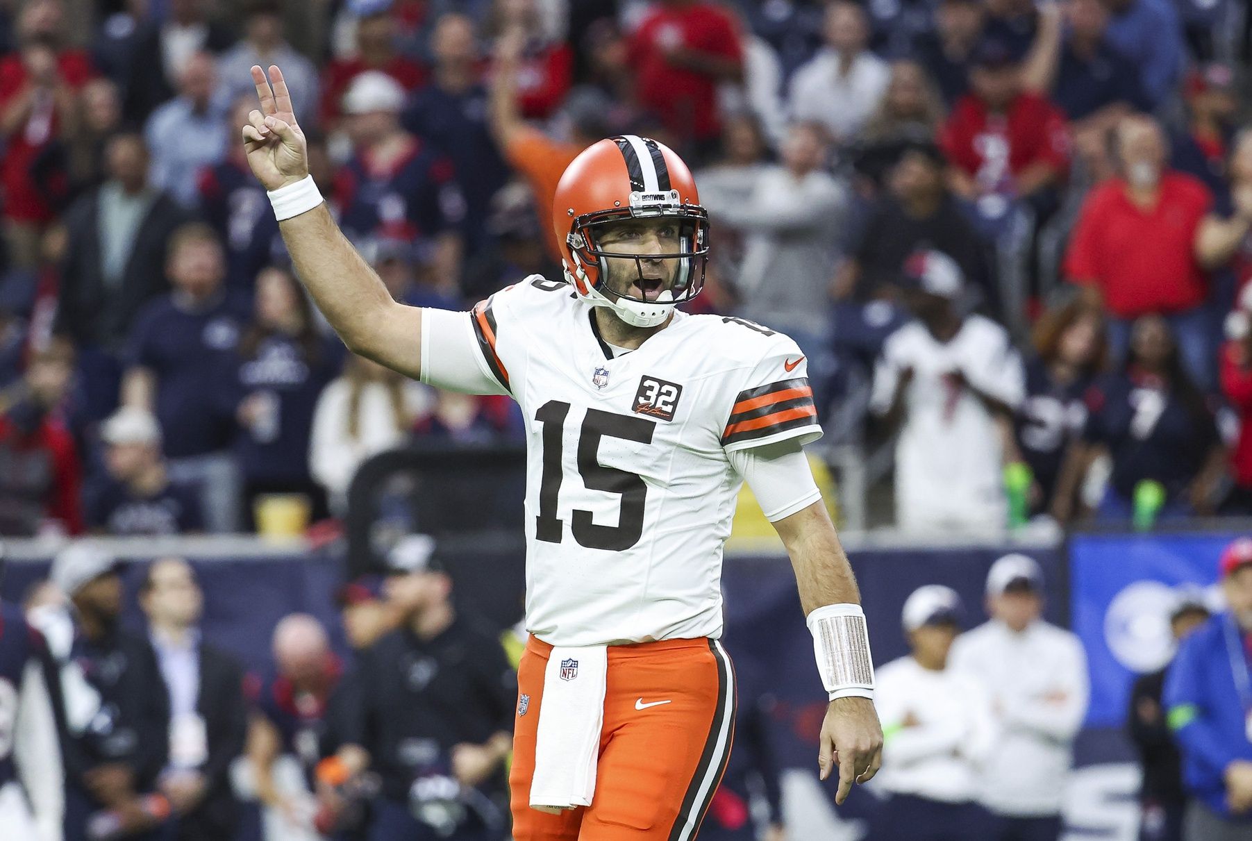 Cleveland Browns quarterback Joe Flacco (15) reacts after a touchdown during the first quarter against the Houston Texans at NRG Stadium.