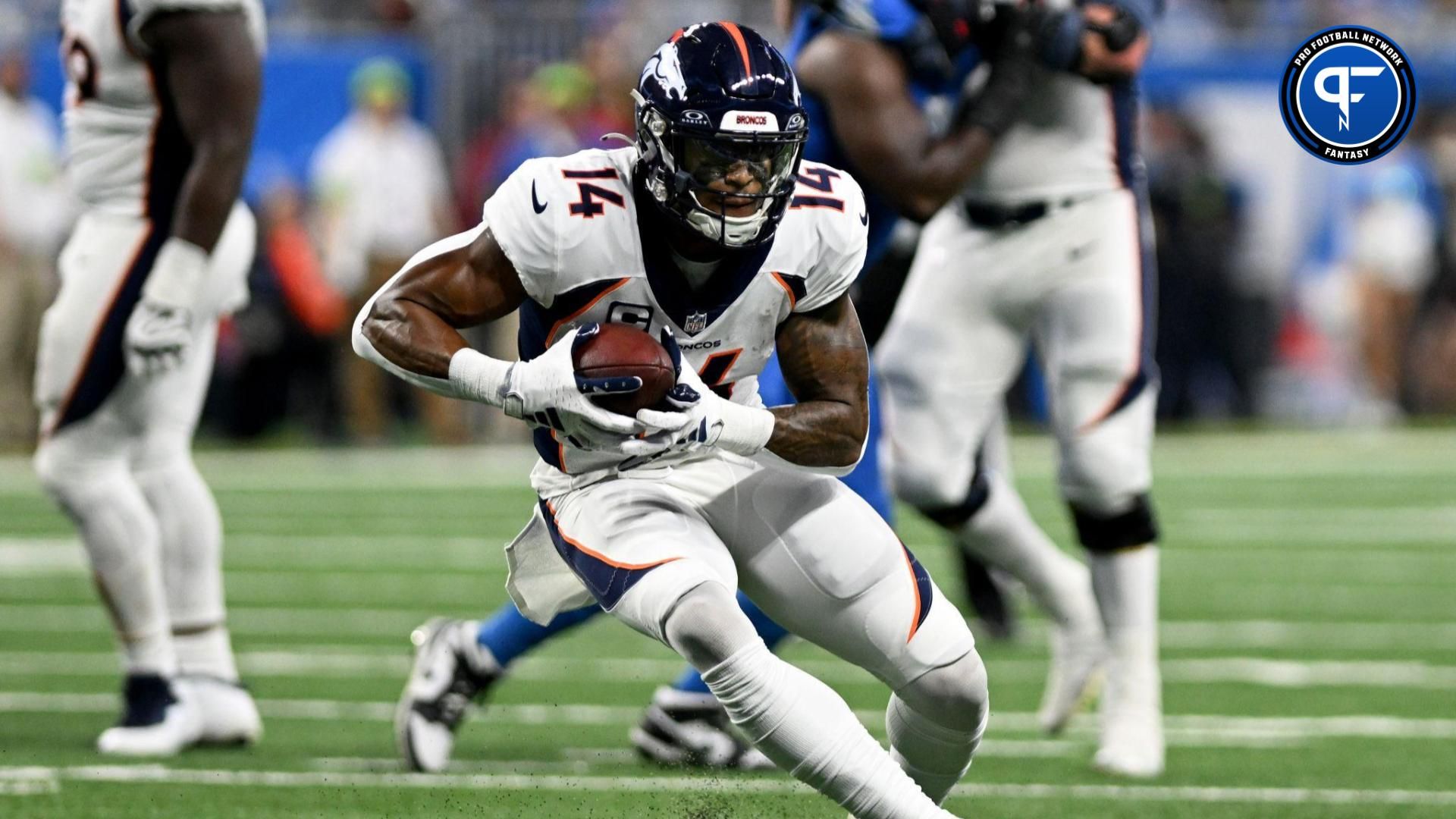 Denver Broncos wide receiver Courtland Sutton (14) runs with the ball against the Detroit Lions in the third quarter at Ford Field.