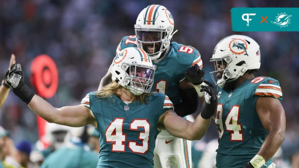 Miami Dolphins linebacker Andrew Van Ginkel (43) celebrates with defensive tackle Christian Wilkins (94) and linebacker David Long Jr. (51) after a play against the Dallas Cowboys during the second quarter at Hard Rock Stadium.