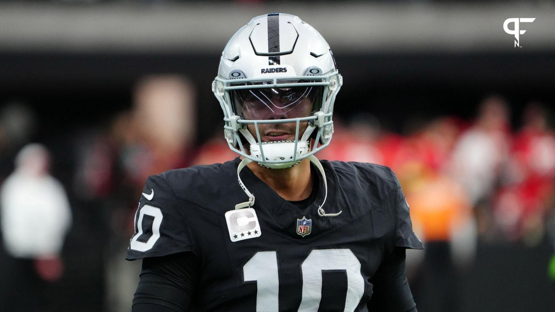 Las Vegas Raiders quarterback Jimmy Garoppolo (10) looks on during the game against the Kansas City Chiefs at Allegiant Stadium.