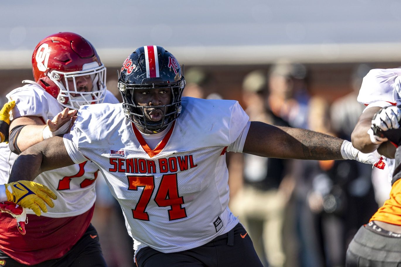 American offensive lineman Delmar Glaze of Maryland (74) looks for a block during practice for the American team at Hancock Whitney Stadium.