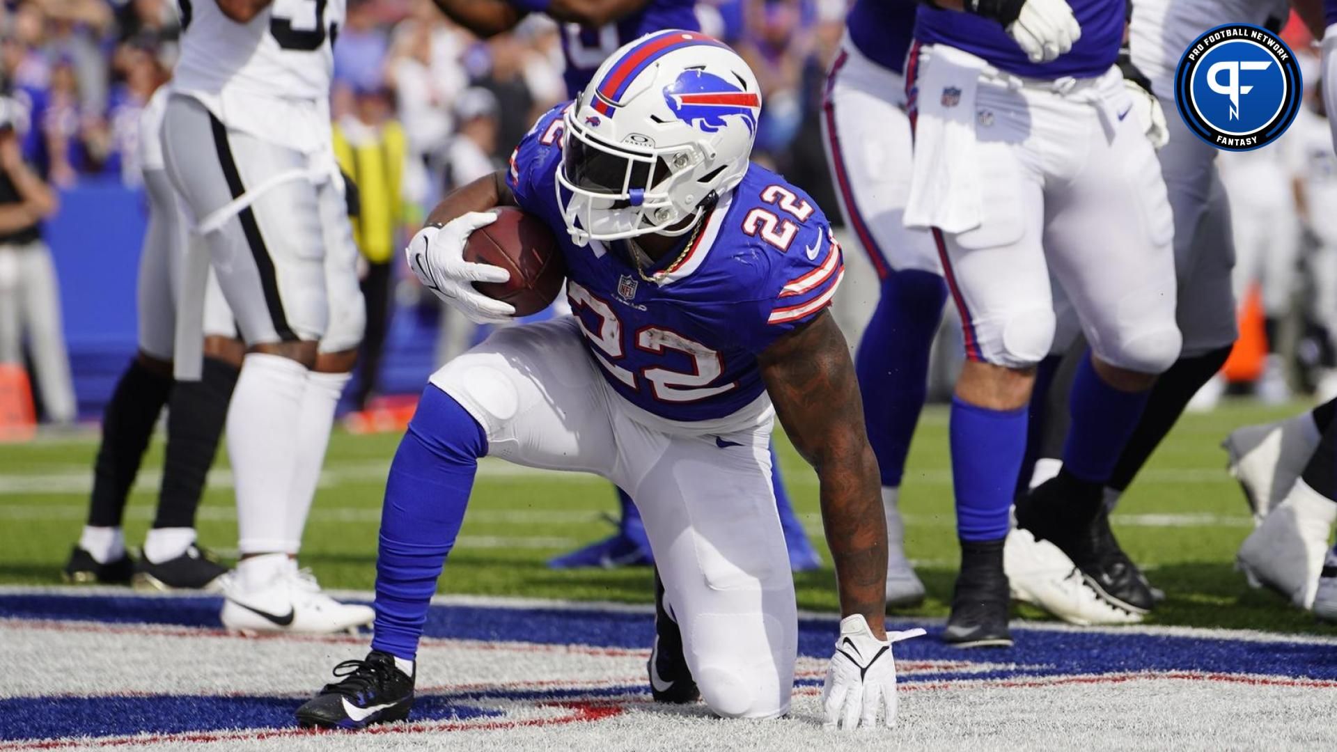 Buffalo Bills running back Damien Harris (22) reacts to scoring a touchdown against the Las Vegas Raiders during the second half at Highmark Stadium.