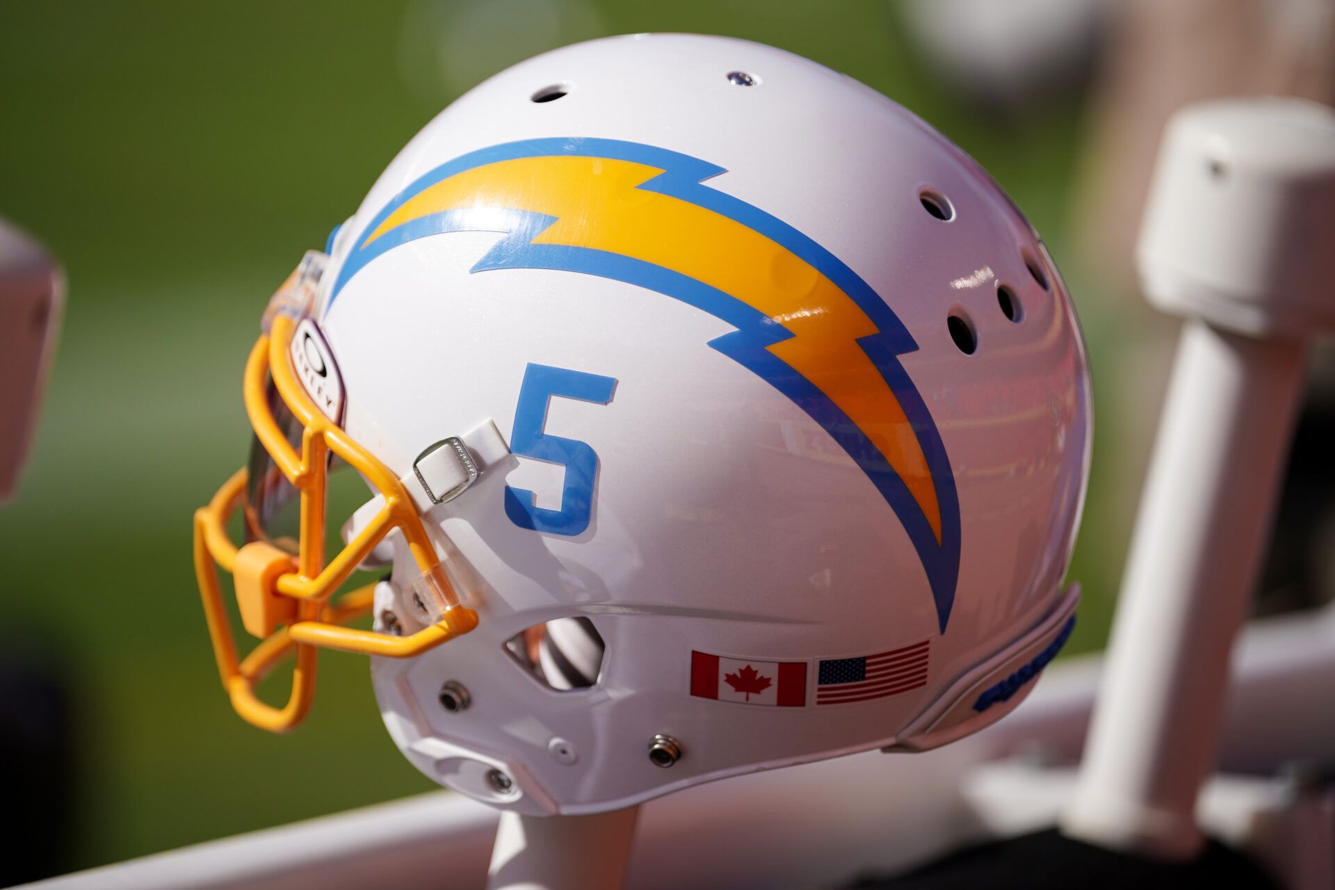 A general view of a Los Angeles Chargers helmet against the Kansas City Chiefs during the first half at GEHA Field at Arrowhead Stadium.