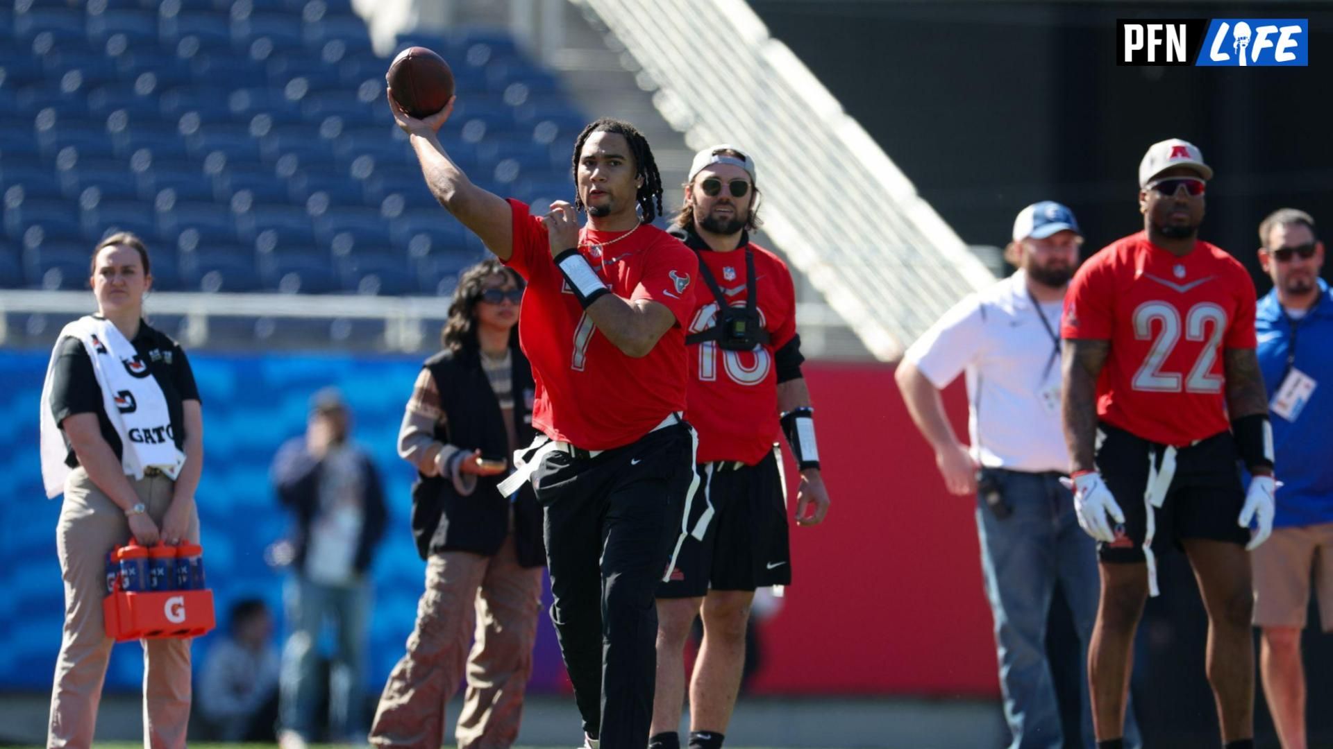 Houston Texans quarterback C.J. Stroud (7) participates in the AFC versus NFC Pro Bowl practice and media day at Camping World Stadium.