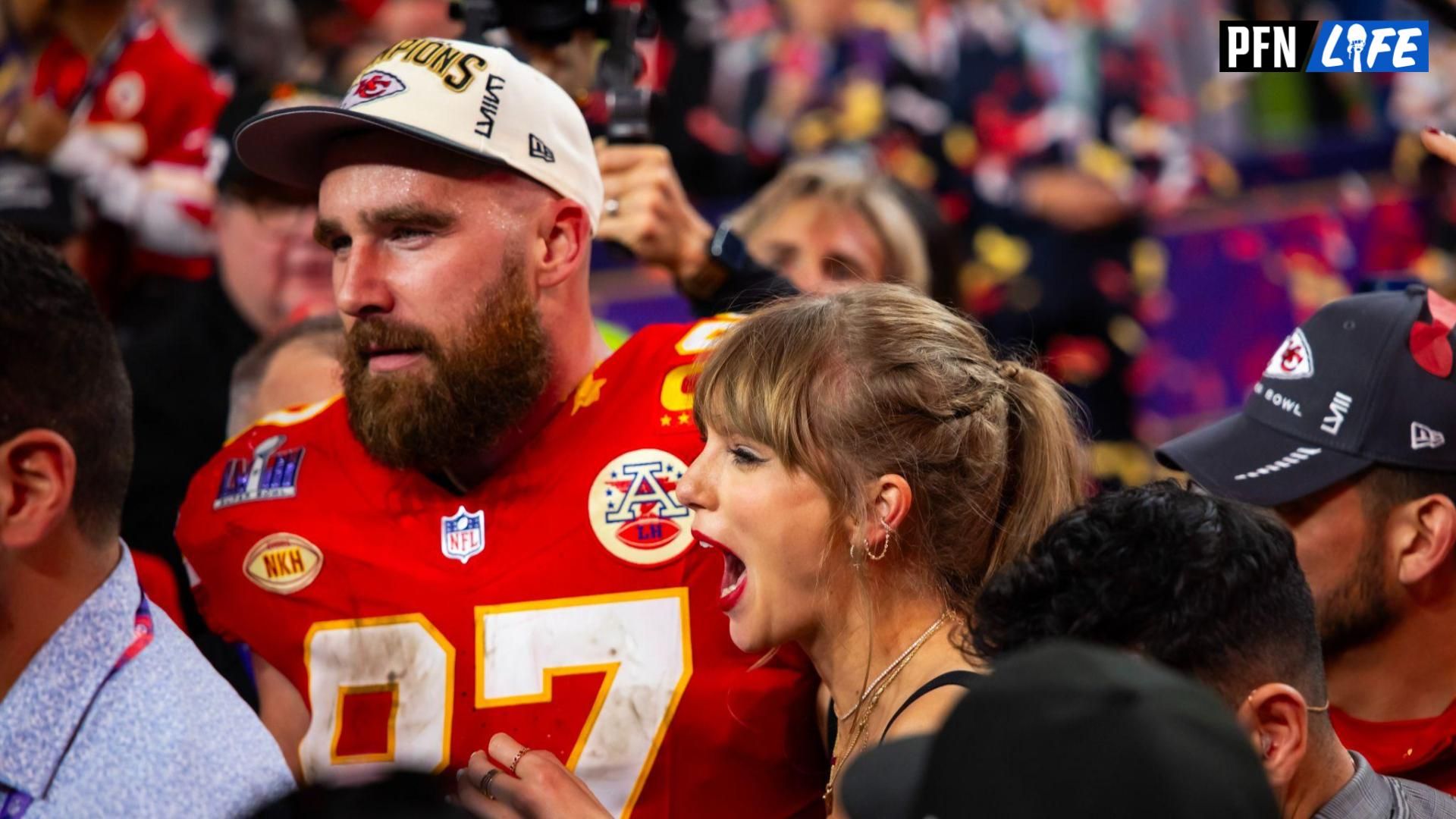 Kansas City Chiefs tight end Travis Kelce (87) celebrates with girlfriend Taylor Swift after defeating the San Francisco 49ers in Super Bowl LVIII at Allegiant Stadium.