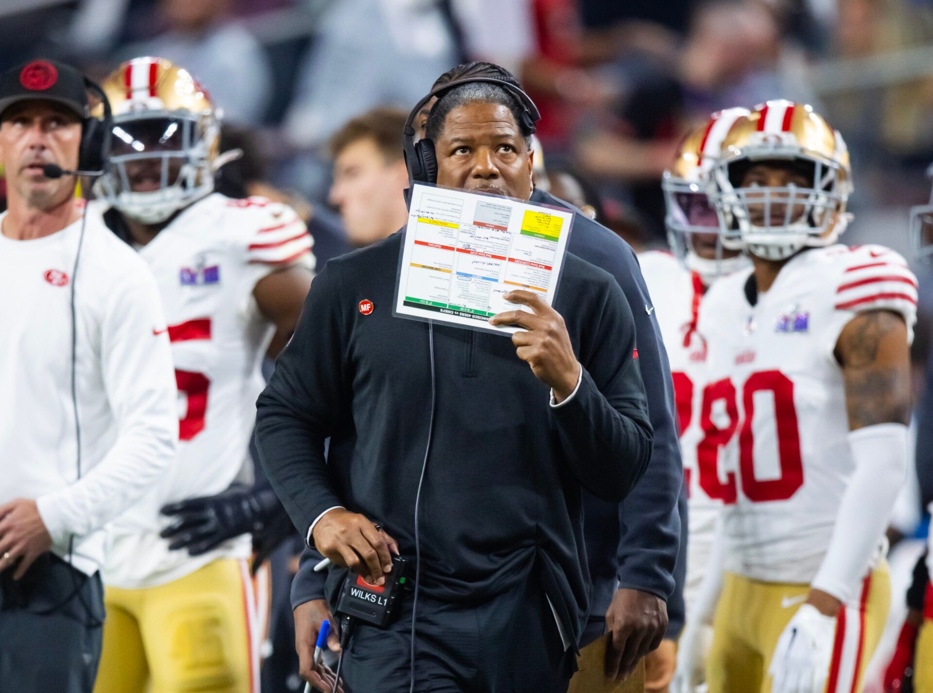 San Francisco 49ers defensive coordinator Steve Wilks against the Kansas City Chiefs in Super Bowl LVIII at Allegiant Stadium.