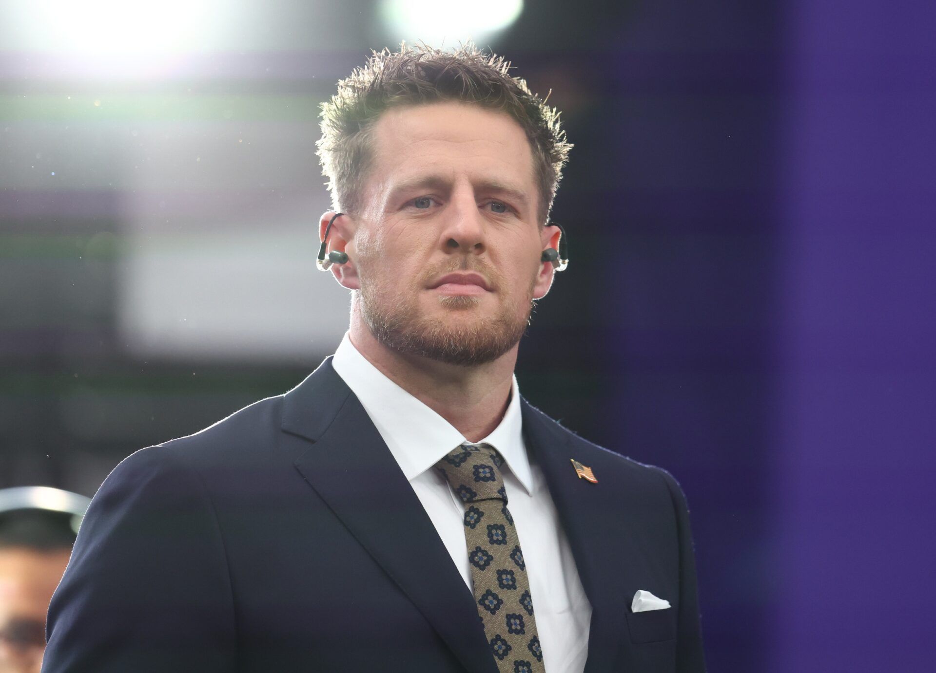 CBS analyst J.J. Watt on the field before Super Bowl LVIII between the Kansas City Chiefs and the San Francisco 49ers.