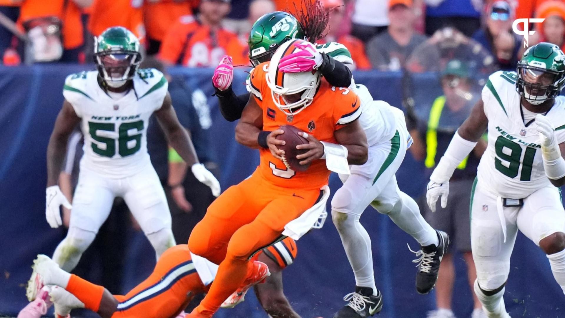 New York Jets linebacker C.J. Mosley (57) sacks Denver Broncos quarterback Russell Wilson (3) in the second half at Empower Field at Mile High.