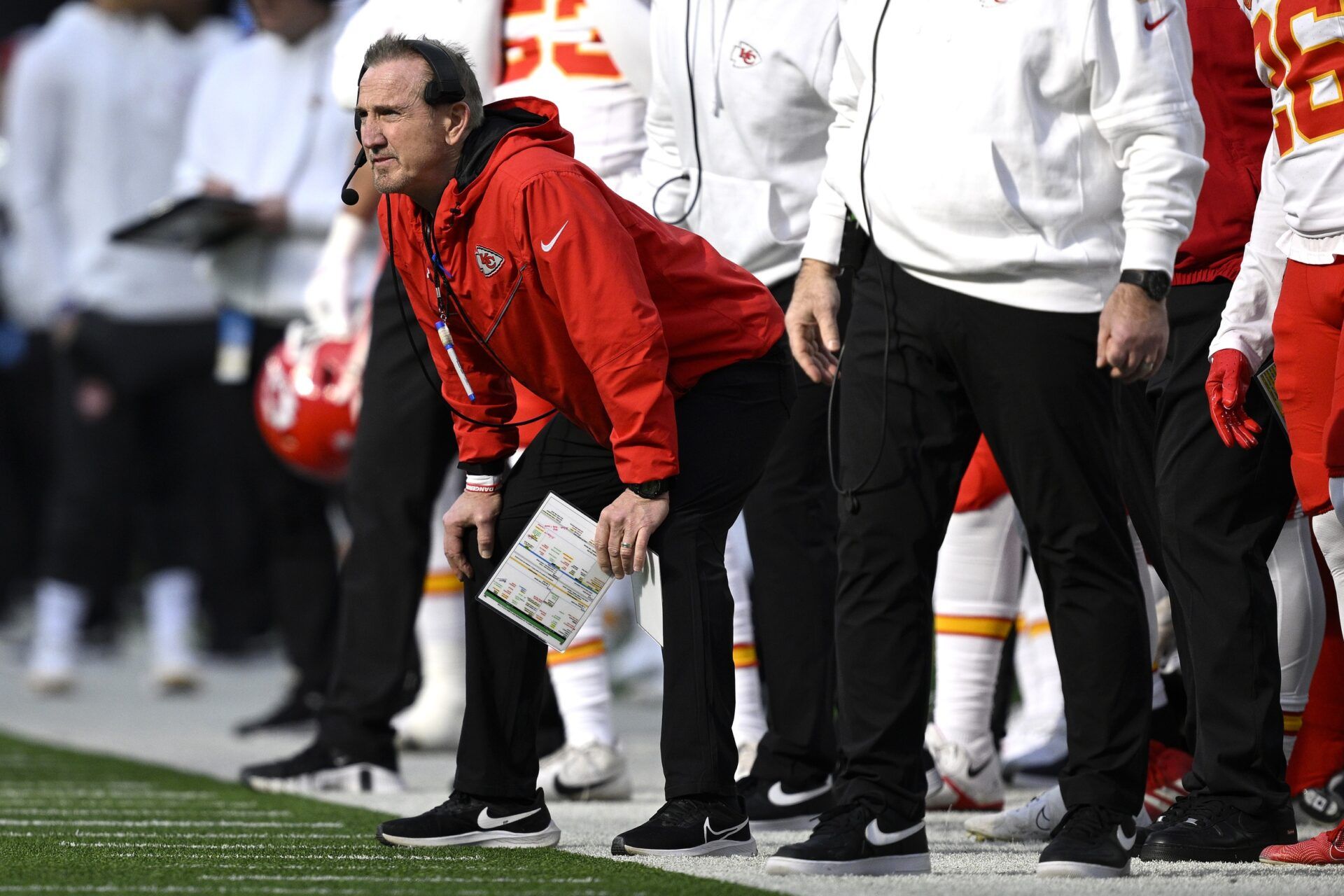 Kansas City Chiefs DC Steve Spagnulo looks on from the sidelines against the Los Angeles Chargers.