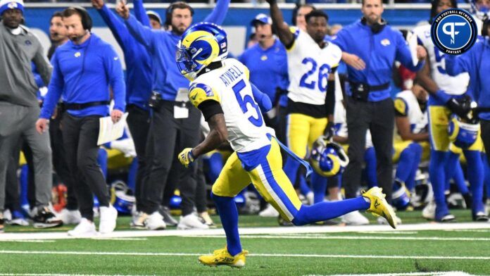 Los Angeles Rams wide receiver Tutu Atwell (5) runs after a catch for a touchdown during the first half of a 2024 NFC wild card game against the Detroit Lions at Ford Field.