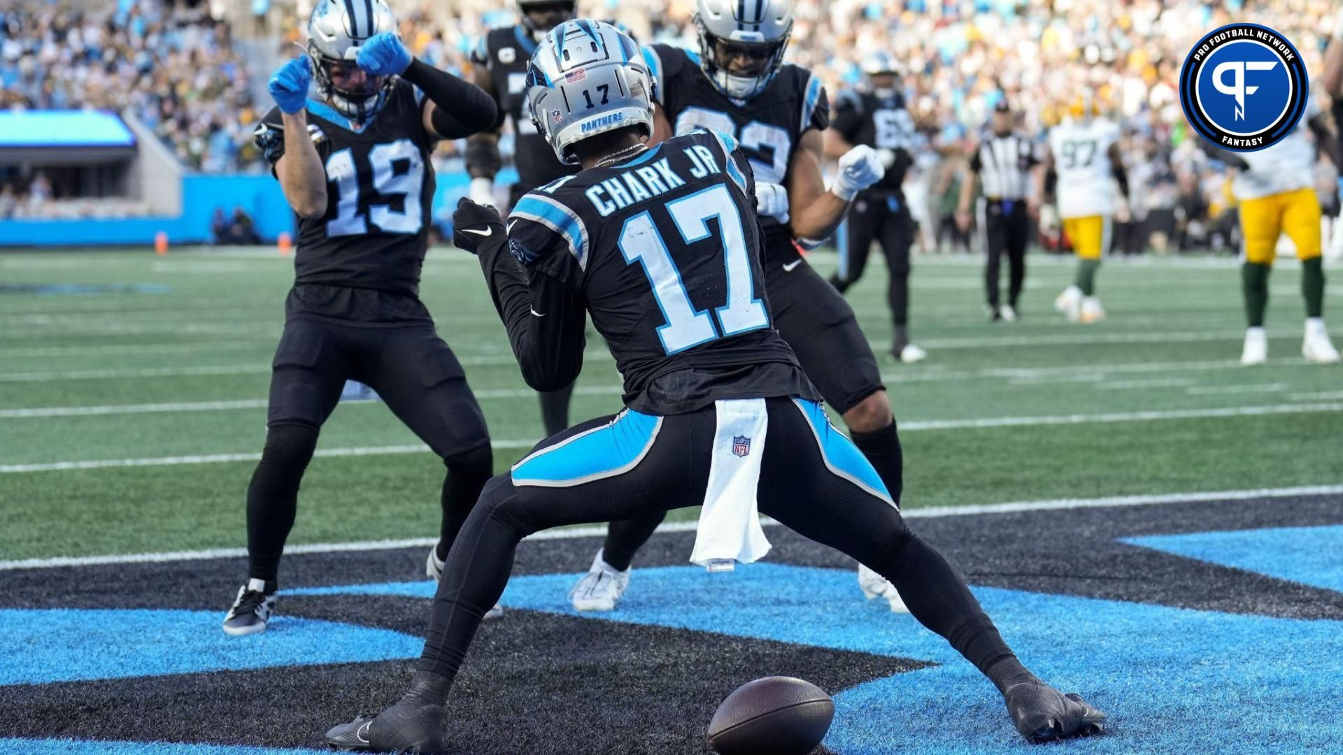 Carolina Panthers wide receiver DJ Chark Jr. (17) celebrates his touchdown catch with wide receiver Derek Wright (83) and wide receiver Adam Thielen (19) and during the second half at Bank of America Stadium.