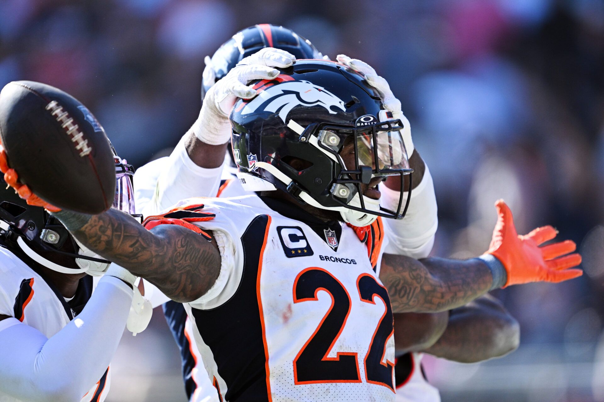 Denver Broncos safety Kareem Jackson (22) celebrates after intercepting a Chicago Bears pass in the fourth quarter at Soldier Field.