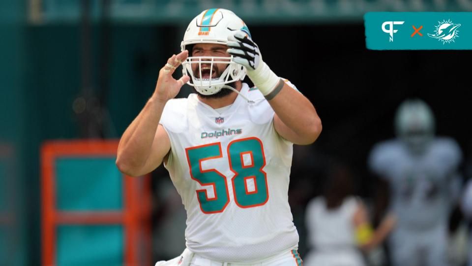 Miami Dolphins guard Connor Williams (58) takes the field before the opening game of the season against the New England Patriots at Hard Rock Stadium.