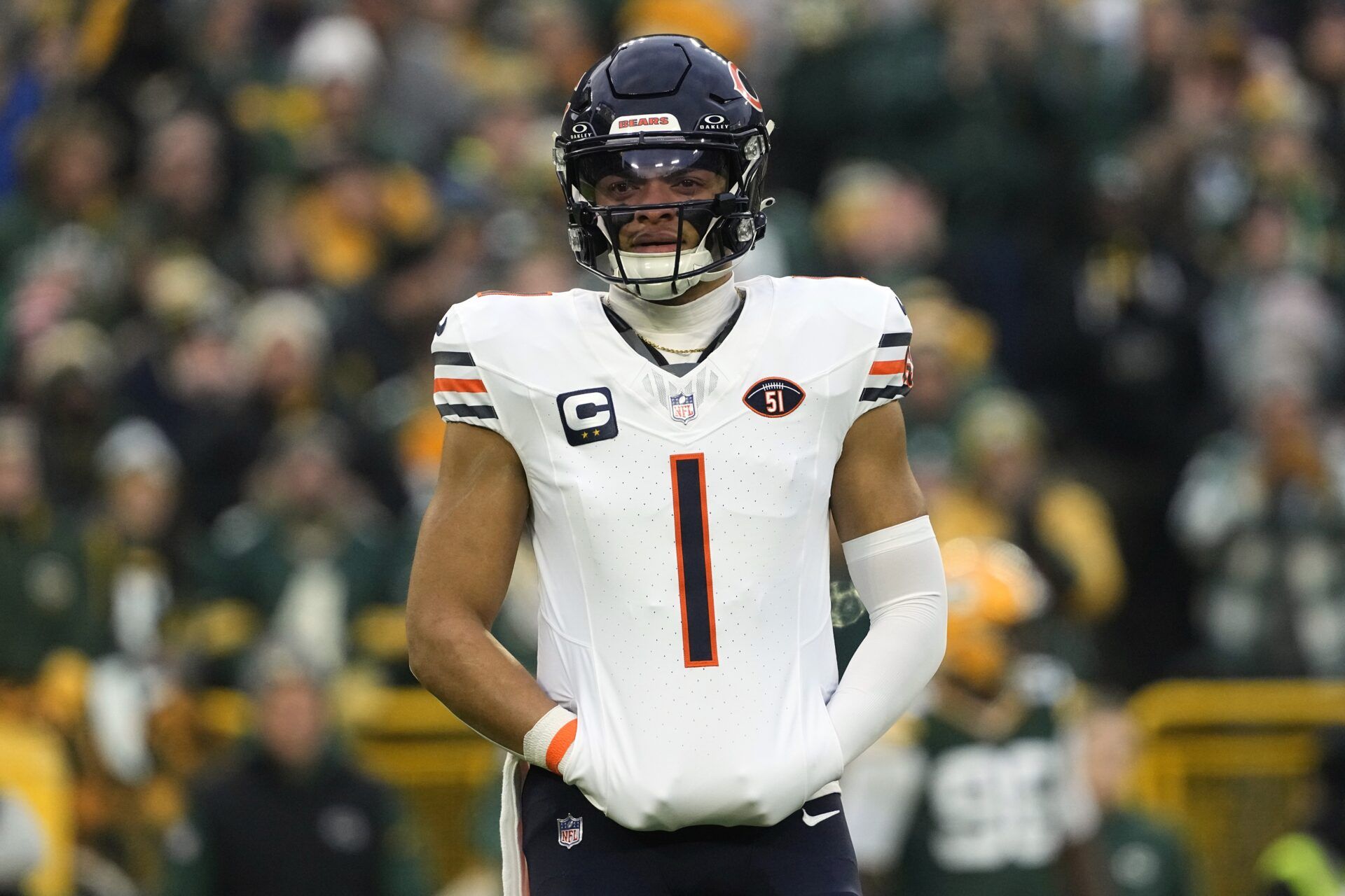 Chicago Bears quarterback Justin Fields (1) during the game against the Green Bay Packers at Lambeau Field.