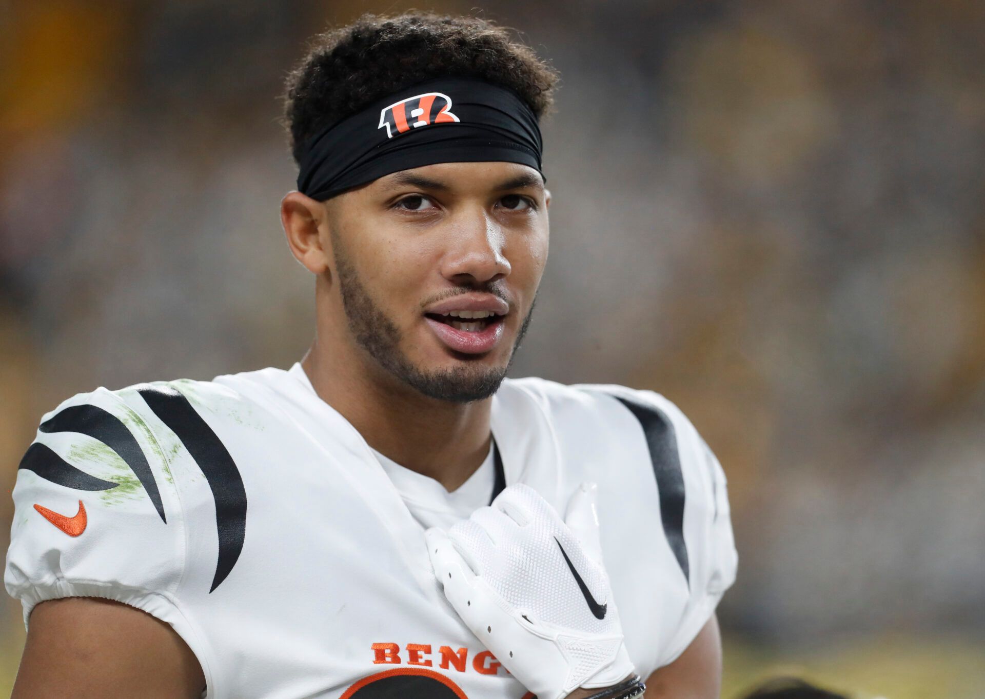 Cincinnati Bengals wide receiver Tyler Boyd (83) looks on from the bench against the Pittsburgh Steelers during the fourth quarter at Acrisure Stadium. Pittsburgh won 34-11.